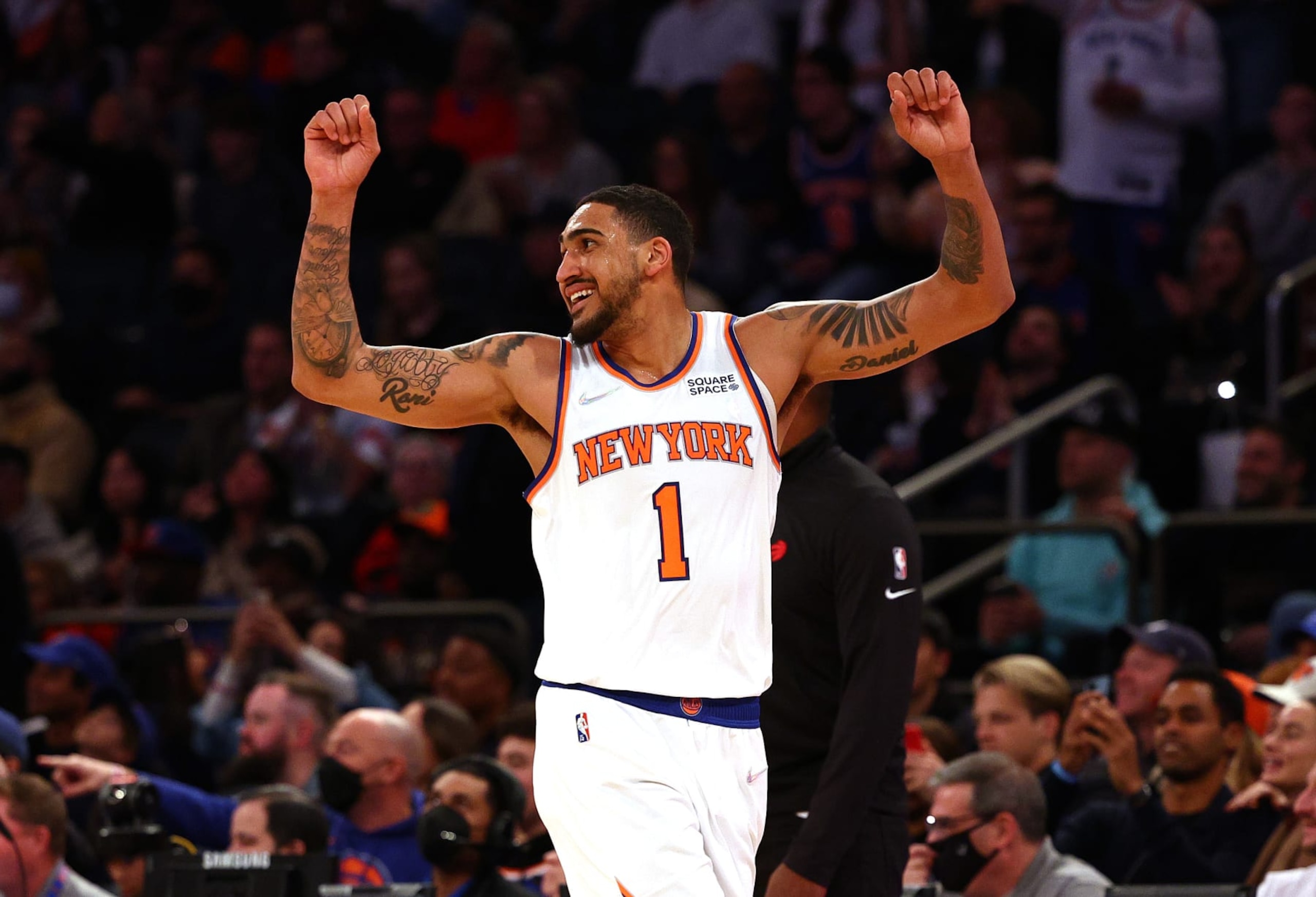 NEW YORK, NEW YORK - APRIL 10: Obi Toppin #1 of the New York Knicks celebrates late in the fourth quarter against the Toronto Raptors at Madison Square Garden on April 10, 2022 in New York City. NOTE TO USER: User expressly acknowledges and agrees that, by downloading and or using this photograph, User is consenting to the terms and conditions of the Getty Images License Agreement. (Photo by Elsa/Getty Images) NEW YORK, NEW YORK - APRIL 10: Obi Toppin #1 of the New York Knicks celebrates late in the fourth quarter against the Toronto Raptors at Madison Square Garden on April 10, 2022 in New York City. NOTE TO USER: User expressly acknowledges and agrees that, by downloading and or using this photograph, User is consenting to the terms and conditions of the Getty Images License Agreement. (Photo by Elsa/Getty Images)