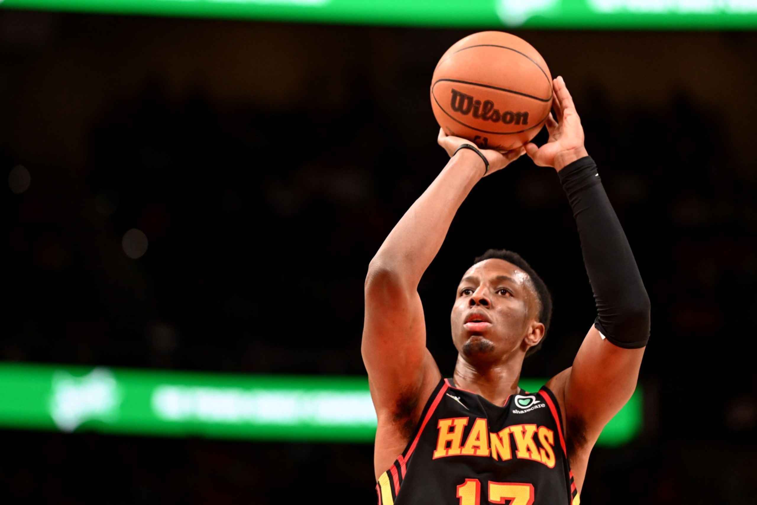 ATLANTA, GA - MARCH 20: Onyeka Okongwu #17 of the Atlanta Hawks shoots a free throw during the game against the New Orleans Pelicans on March 20, 2022 at State Farm Arena in Atlanta, Georgia. NOTE TO USER: User expressly acknowledges and agrees that, by downloading and/or using this Photograph, user is consenting to the terms and conditions of the Getty Images License Agreement. Mandatory Copyright Notice: Copyright 2022 NBAE (Photo by Adam Hagy/NBAE via Getty Images) ATLANTA, GA - MARCH 20: Onyeka Okongwu #17 of the Atlanta Hawks shoots a free throw during the game against the New Orleans Pelicans on March 20, 2022 at State Farm Arena in Atlanta, Georgia. NOTE TO USER: User expressly acknowledges and agrees that, by downloading and/or using this Photograph, user is consenting to the terms and conditions of the Getty Images License Agreement. Mandatory Copyright Notice: Copyright 2022 NBAE (Photo by Adam Hagy/NBAE via Getty Images)
