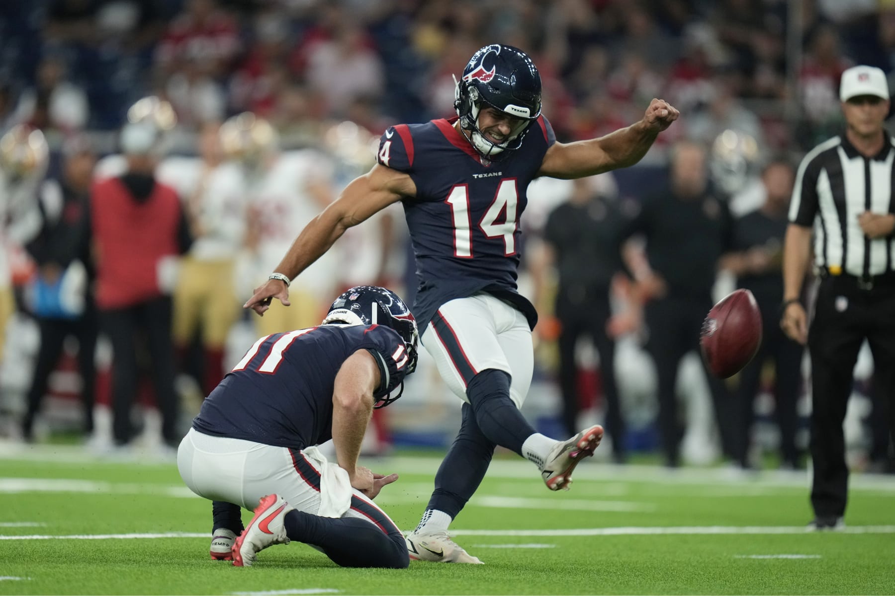 Houston Texans kicker Matt Ammendola (14) kicks against the San Francisco 49ers during the first half of an NFL football game Thursday, Aug. 25, 2022, in Houston. (AP Photo/Eric Christian Smith)