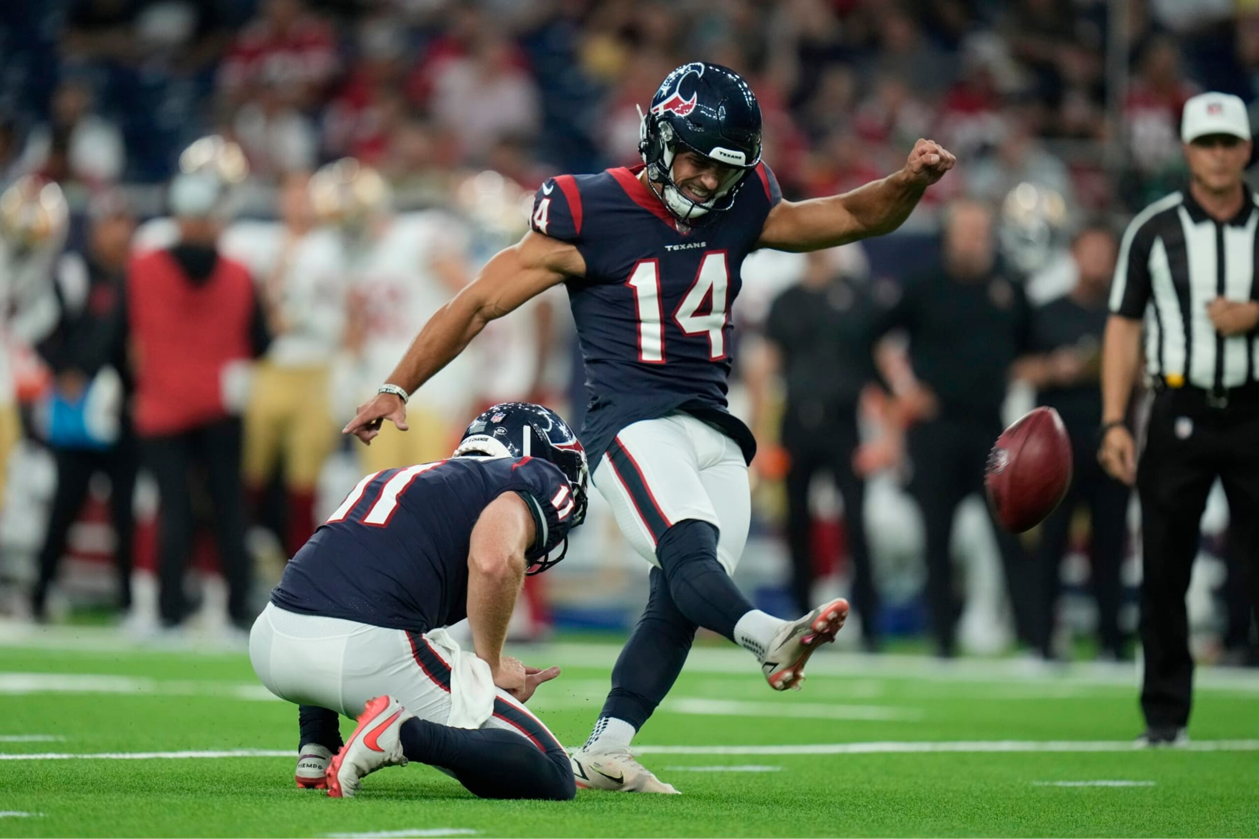 Houston Texans kicker Matt Ammendola (14) kicks against the San Francisco 49ers during the first half of an NFL football game Thursday, Aug. 25, 2022, in Houston. (AP Photo/Eric Christian Smith)