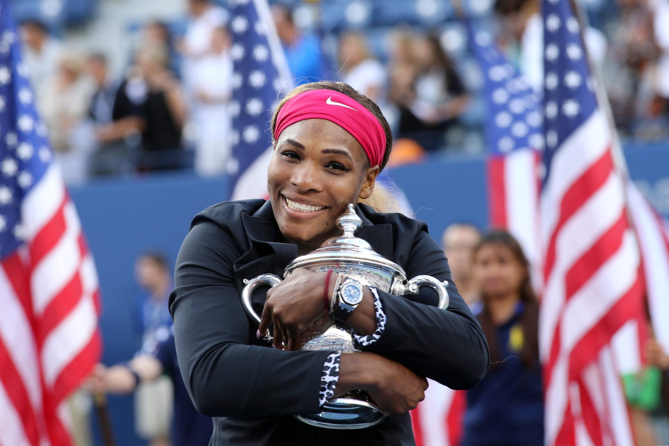Serena Williams, USA, celebrates with the trophy after her win against Caroline Wozniacki, Denmark, in the Women's Singles Final during the US Open Tennis Tournament, Flushing, New York, USA. 7th September 2014. Photo Tim Clayton (Photo by Tim Clayton/Corbis via Getty Images) Serena Williams, USA, celebrates with the trophy after her win against Caroline Wozniacki, Denmark, in the Women's Singles Final during the US Open Tennis Tournament, Flushing, New York, USA. 7th September 2014. Photo Tim Clayton (Photo by Tim Clayton/Corbis via Getty Images)