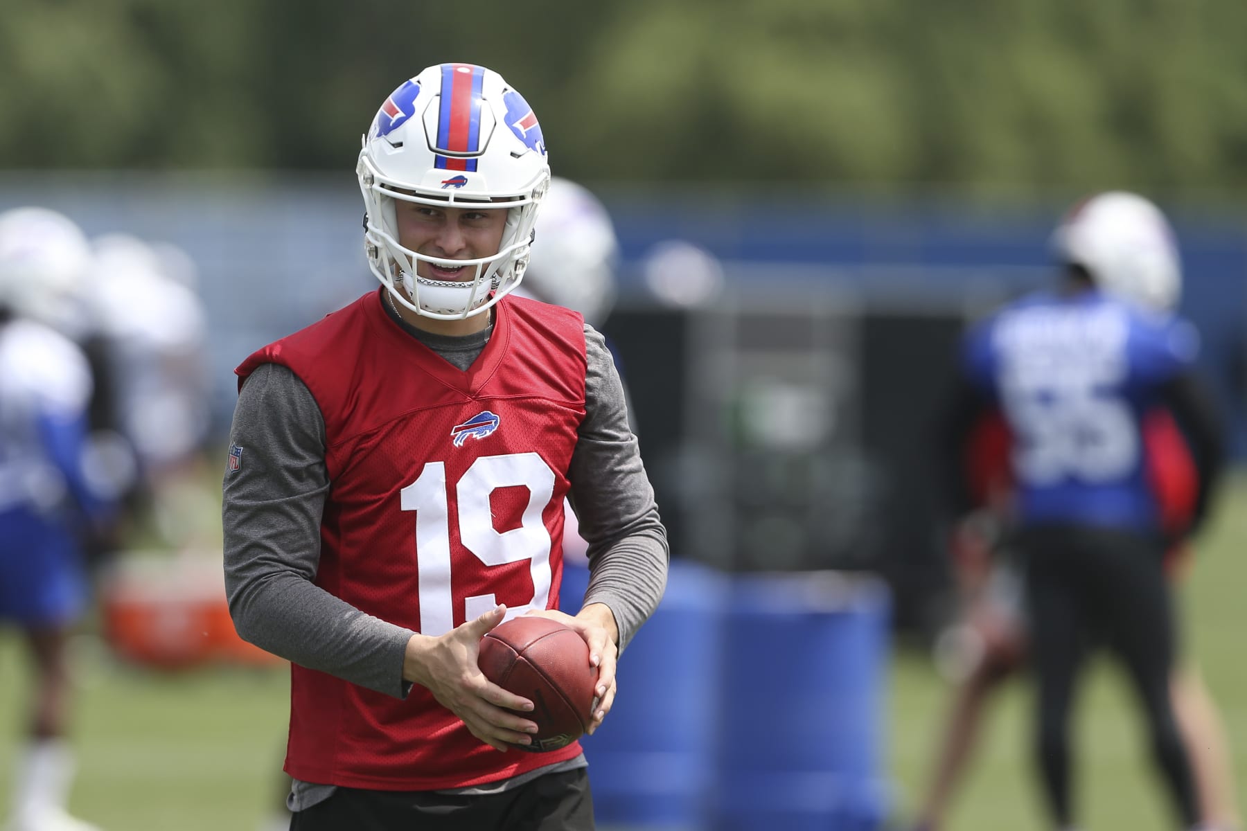 ORCHARD PARK, NEW YORK - JUNE 15: Matt Araiza #19 of the Buffalo Bills during Bills mini camp on June 15, 2022 in Orchard Park, New York. (Photo by Joshua Bessex/Getty Images)