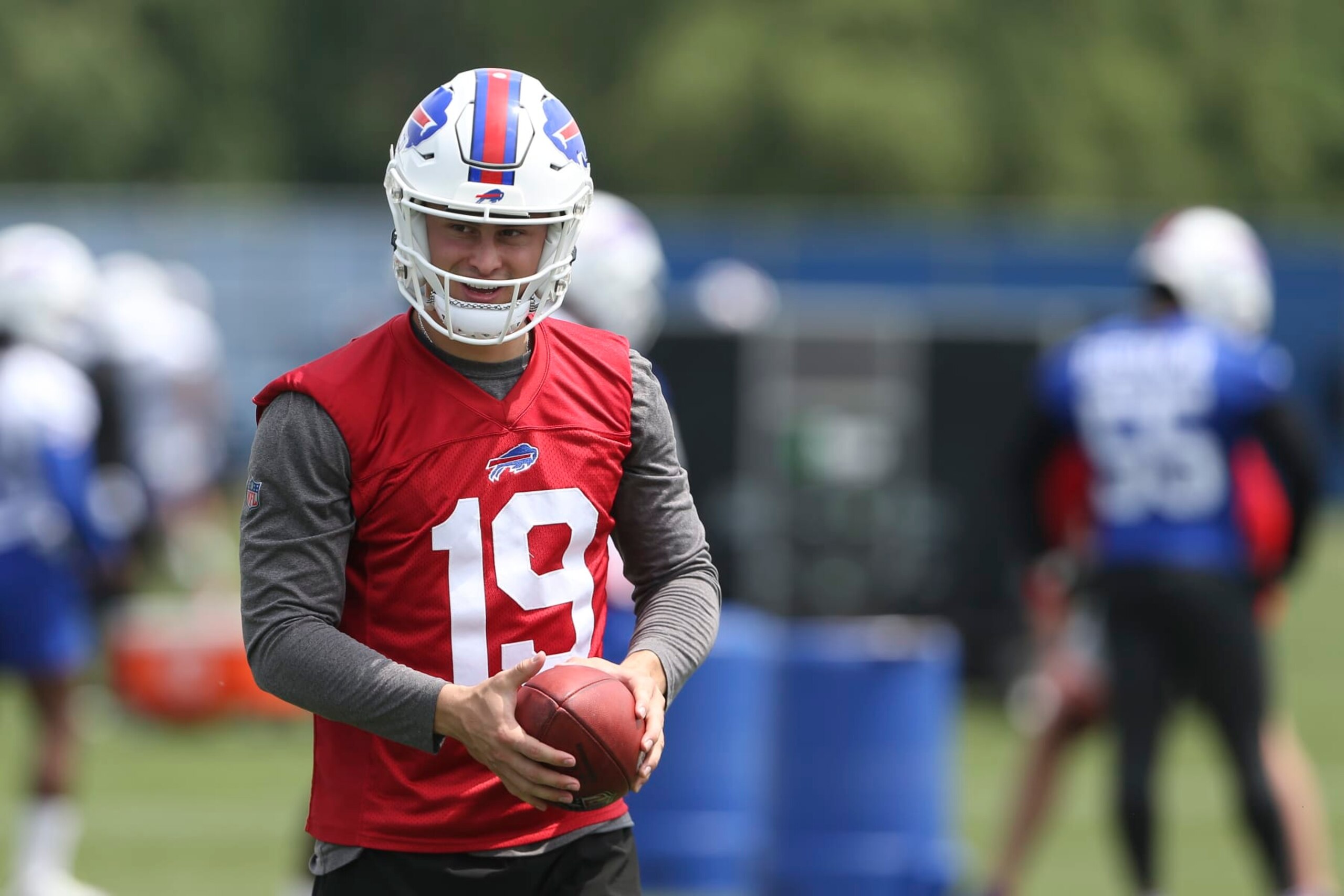 ORCHARD PARK, NEW YORK - JUNE 15: Matt Araiza #19 of the Buffalo Bills during Bills mini camp on June 15, 2022 in Orchard Park, New York. (Photo by Joshua Bessex/Getty Images)