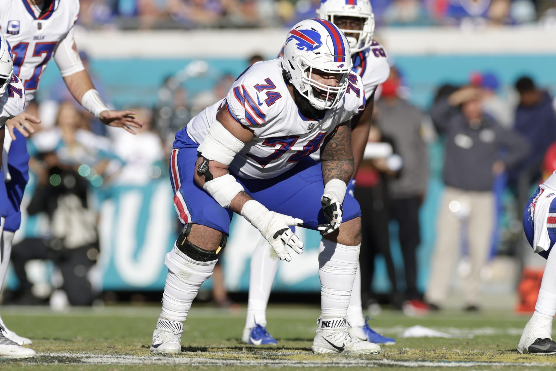 JACKSONVILLE, FL - NOVEMBER 07: Buffalo Bills guard Cody Ford (74) during the game between the Buffalo Bills and the Jacksonville Jaguars on November 7, 2021 at TIAA Bank Field in Jacksonville, FL. (Photo by David Rosenblum/Icon Sportswire via Getty Images)