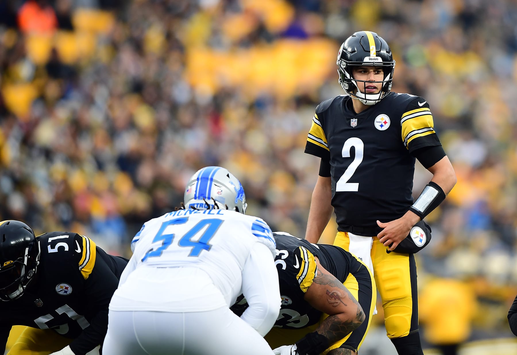 PITTSBURGH, PENNSYLVANIA - NOVEMBER 14: Mason Rudolph #2 of the Pittsburgh Steelers stands behind center in the first quarter against the Detroit Lions at Heinz Field on November 14, 2021 in Pittsburgh, Pennsylvania. (Photo by Emilee Chinn/Getty Images)