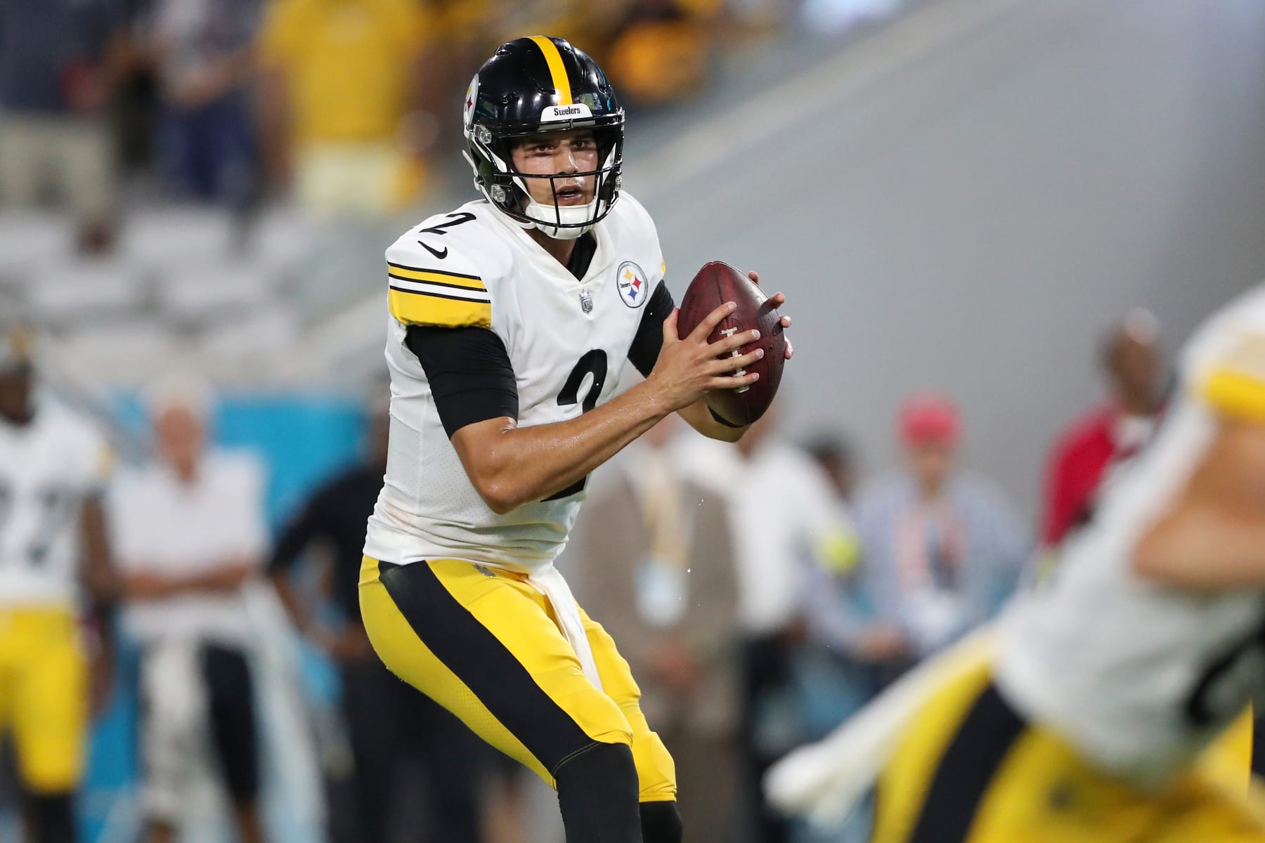 JACKSONVILLE, FLORIDA - AUGUST 20: Mason Rudolph #2 of the Pittsburgh Steelers drops back to pass during the second half of a preseason game against the Jacksonville Jaguars at TIAA Bank Field on August 20, 2022 in Jacksonville, Florida. (Photo by Courtney Culbreath/Getty Images)