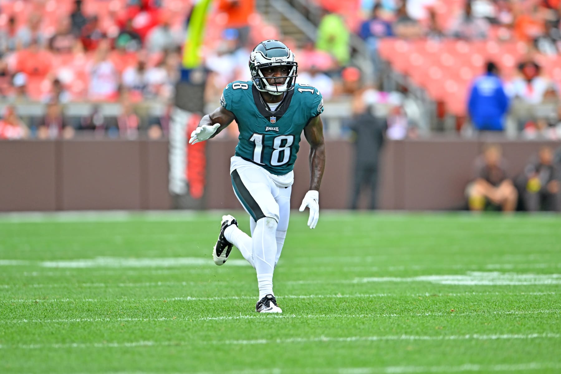 CLEVELAND, OHIO - AUGUST 21: Wide receiver Jalen Reagor #18 of the Philadelphia Eagles runs a play during the second quarter of a preseason game against the Cleveland Browns at FirstEnergy Stadium on August 21, 2022 in Cleveland, Ohio. (Photo by Jason Miller/Getty Images)