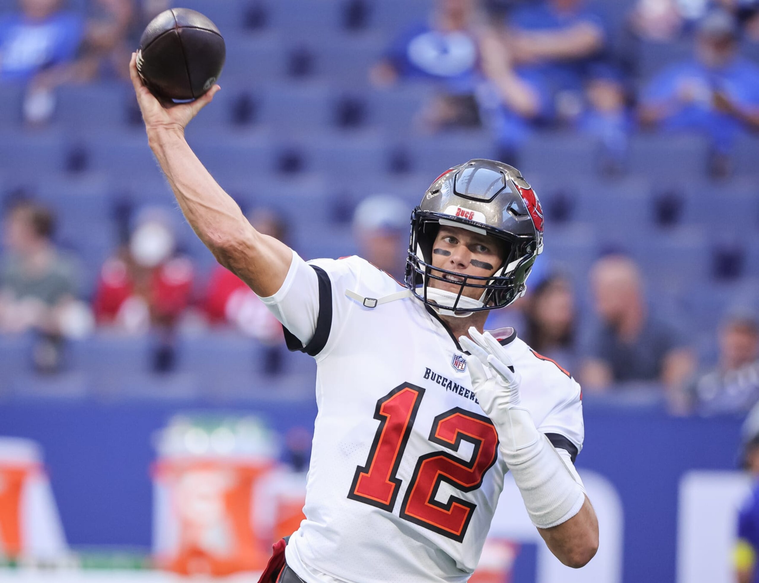 INDIANAPOLIS, IN - AUGUST 27: Tom Brady #12 of Tampa Bay Buccaneers warms up before the game against the Indianapolis Colts at Lucas Oil Stadium on August 27, 2022 in Indianapolis, Indiana. (Photo by Michael Hickey/Getty Images) INDIANAPOLIS, IN - AUGUST 27: Tom Brady #12 of Tampa Bay Buccaneers warms up before the game against the Indianapolis Colts at Lucas Oil Stadium on August 27, 2022 in Indianapolis, Indiana. (Photo by Michael Hickey/Getty Images)