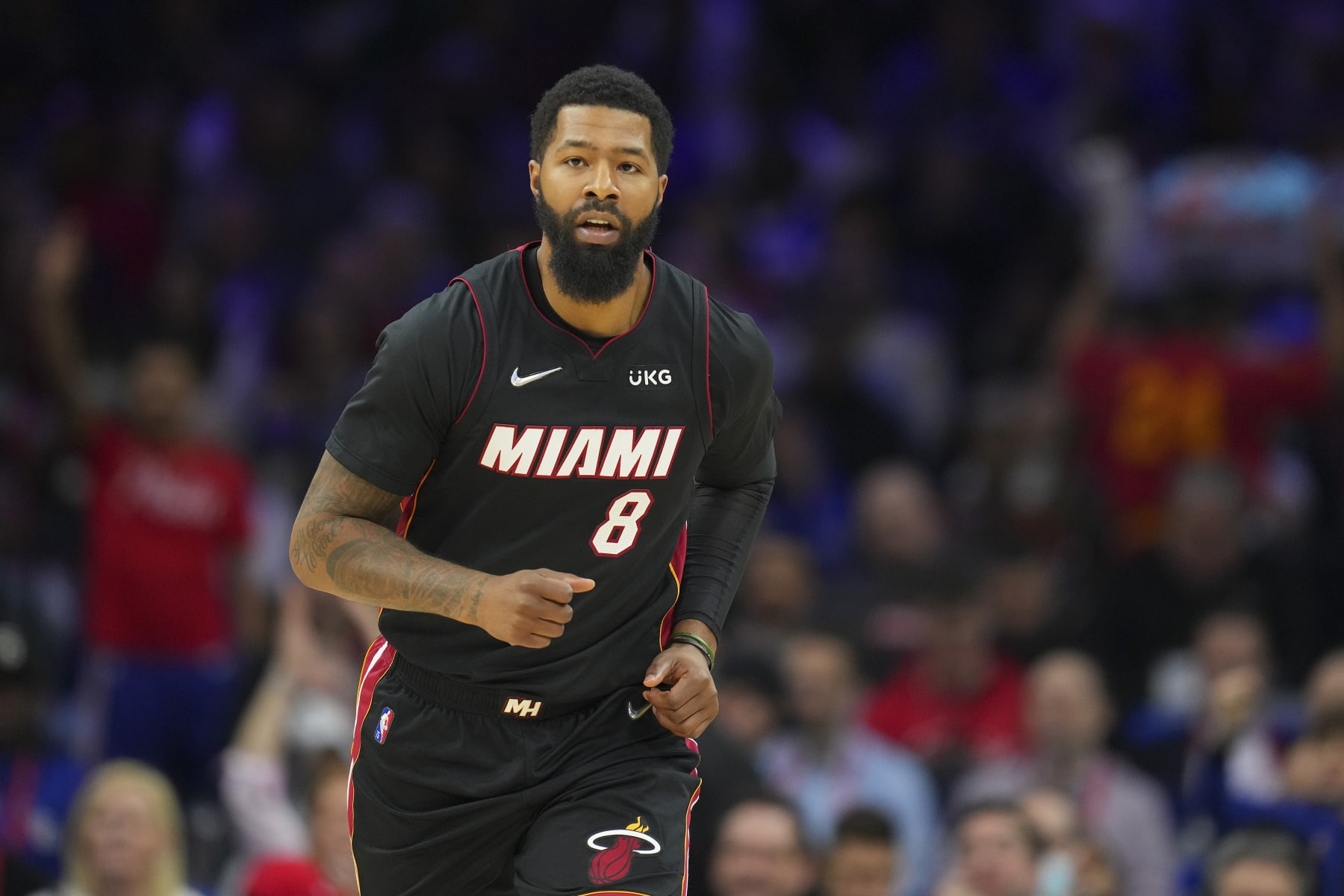 PHILADELPHIA, PA - MARCH 21: Markieff Morris #8 of the Miami Heat looks on against the Philadelphia 76ers at the Wells Fargo Center on March 21, 2022 in Philadelphia, Pennsylvania. The 76ers defeated the Heat 113-106. NOTE TO USER: User expressly acknowledges and agrees that, by downloading and or using this photograph, User is consenting to the terms and conditions of the Getty Images License Agreement. (Photo by Mitchell Leff/Getty Images)