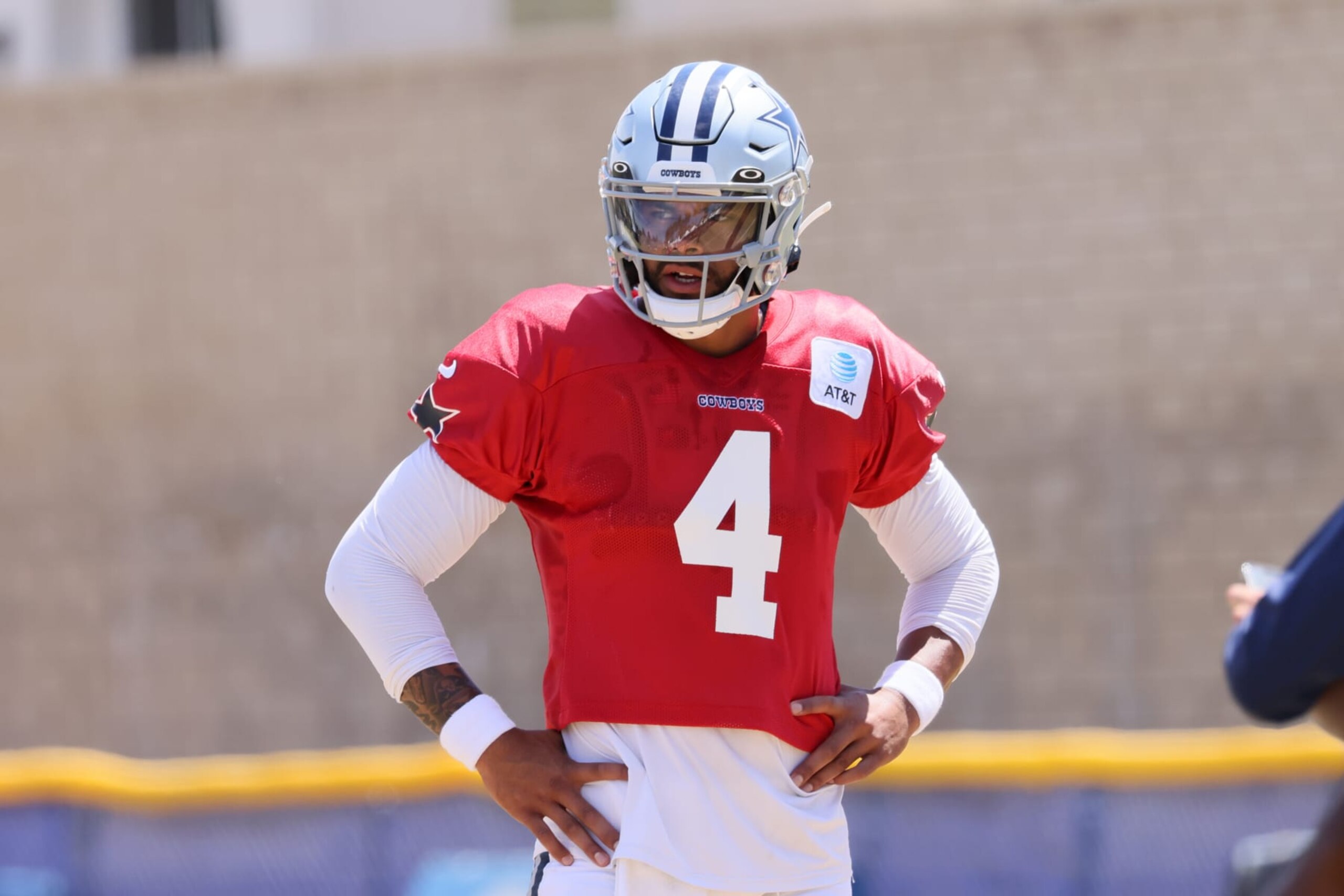OXNARD, CALIFORNIA - AUGUST 09: Quarterback Dak Prescott #4 of the Dallas Cowboys looks on during training camp at River Ridge Fields on August 09, 2022 in Oxnard, California. (Photo by Josh Lefkowitz/Getty Images)
