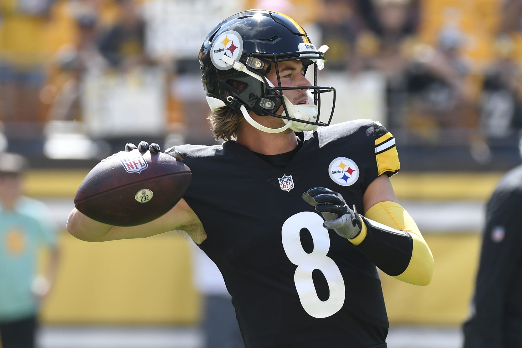 Pittsburgh Steelers quarterback Kenny Pickett (8) warms up before an NFL preseason football game against the Detroit Lions, Sunday, Aug. 28, 2022, in Pittsburgh. (AP Photo/Don Wright)