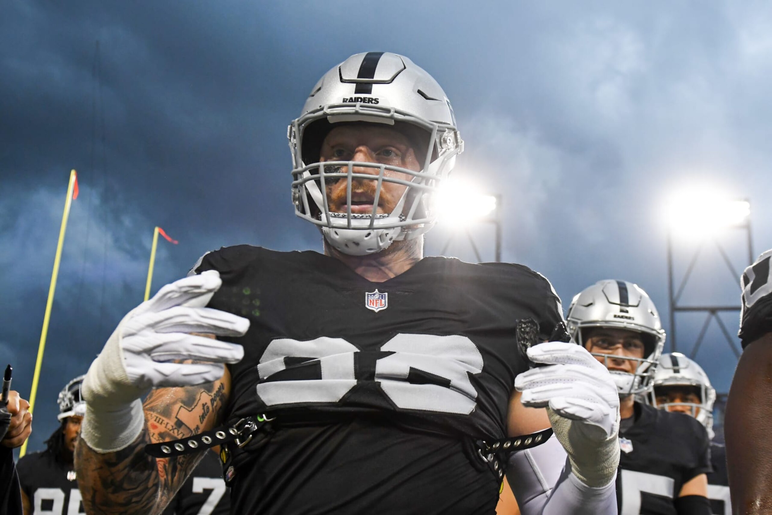 CANTON, OH - AUGUST 04: Maxx Crosby #98 of the Las Vegas Raiders walks off the field as severe weather delays the start of the 2022 Pro Football Hall of Fame Game against the Jacksonville Jaguars at Tom Benson Hall of Fame Stadium on August 04, 2022 in Canton, Ohio. (Photo by Nick Cammett/Diamond Images via Getty Images)