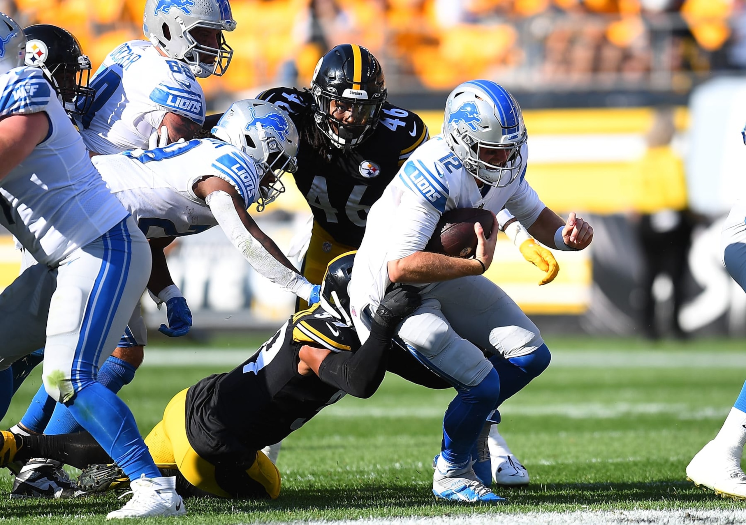PITTSBURGH, PA - AUGUST 28:  Minkah Fitzpatrick #39 of the Pittsburgh Steelers sacks Tim Boyle #12 of the Detroit Lions during the first quarter at Acrisure Stadium on August 28, 2022 in Pittsburgh, Pennsylvania. (Photo by Joe Sargent/Getty Images)