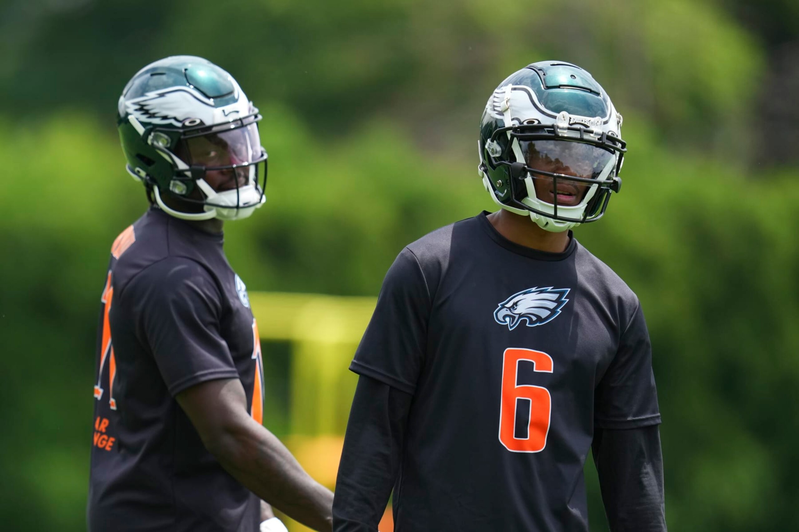 PHILADELPHIA, PA - JUNE 03: A.J. Brown #11 and DeVonta Smith #6 of the Philadelphia Eagles look on during OTAs at the NovaCare Complex on June 3, 2022 in Philadelphia, Pennsylvania. (Photo by Mitchell Leff/Getty Images) PHILADELPHIA, PA - JUNE 03: A.J. Brown #11 and DeVonta Smith #6 of the Philadelphia Eagles look on during OTAs at the NovaCare Complex on June 3, 2022 in Philadelphia, Pennsylvania. (Photo by Mitchell Leff/Getty Images)