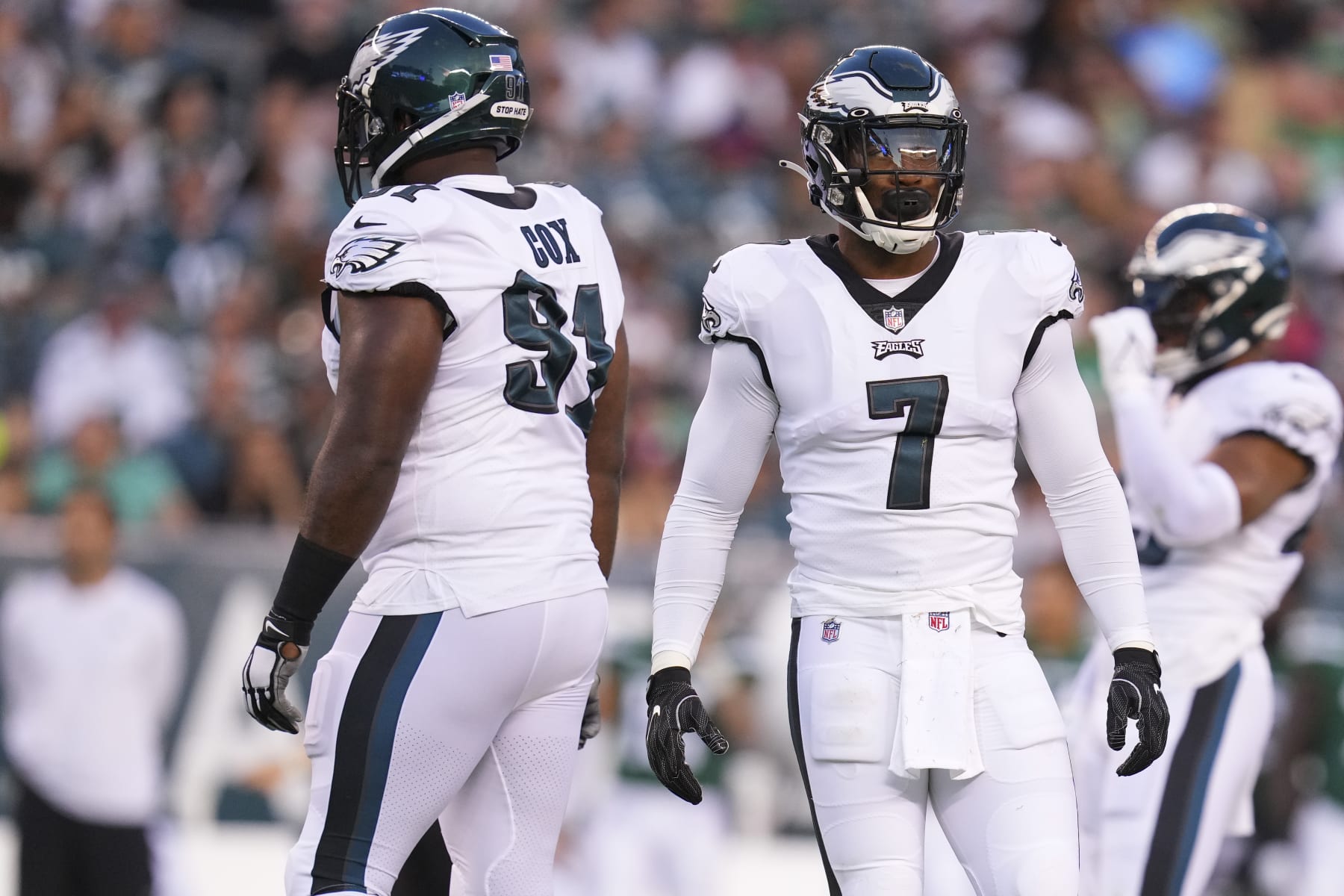 PHILADELPHIA, PA - AUGUST 12: Fletcher Cox #91 and Haason Reddick #7 of the Philadelphia Eagles in action against the New York Jets during the preseason game at Lincoln Financial Field on August 12, 2022 in Philadelphia, Pennsylvania. The Jets defeated the Eagles 24-21. (Photo by Mitchell Leff/Getty Images)