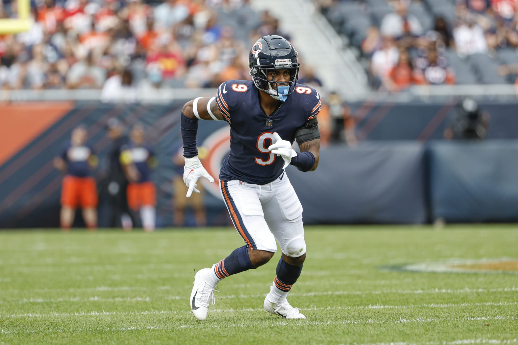 Chicago Bears safety Jaquan Brisker (9) runs on the field during the first half of a preseason NFL football game against the Kansas City Chiefs, Saturday, Aug. 13, 2022, in Chicago. (AP Photo/Kamil Krzaczynski)