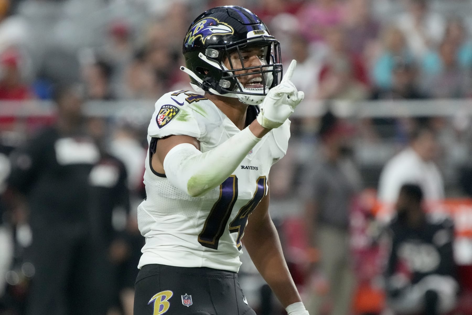 Baltimore Ravens safety Kyle Hamilton (14) lines up against the Arizona Cardinals during the first half of an NFL preseason football game, Sunday, Aug. 21, 2022, in Glendale, Ariz. (AP Photo/Rick Scuteri)