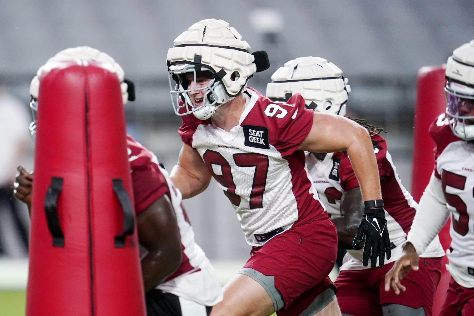 Arizona Cardinals defensive lineman Cameron Thomas takes part in drills during the NFL football team's training camp at State Farm Stadium, Thursday, July 28, 2022, in Glendale, Ariz. (AP Photo/Ross D. Franklin)