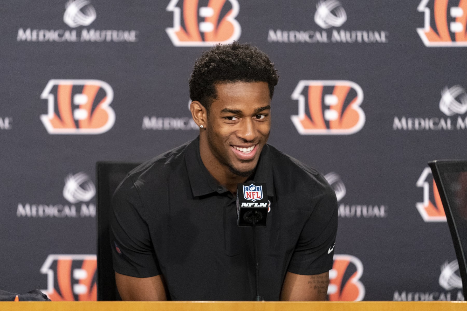 Cincinnati Bengal Daxton Hill speaks at a press conference introducing him as the NFL football team's first round pick in the 2022 NFL draft Friday, April 29, 2022, in Cincinnati. (AP Photo/Jeff Dean)