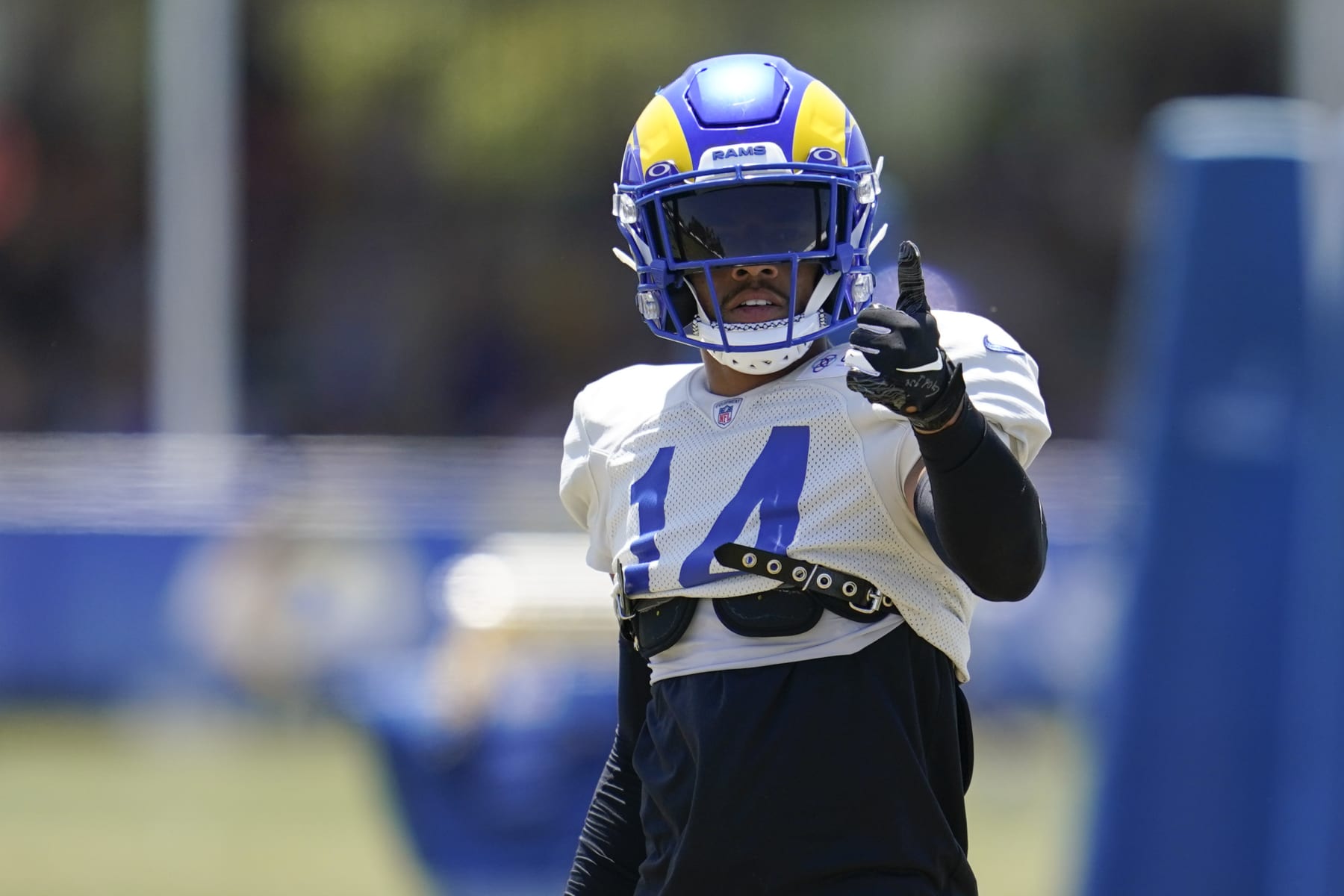Los Angeles Rams cornerback Decobie Durant (14) participates in drills at the NFL football team's practice facility in Irvine, Calif. Monday, Aug. 8, 2022. (AP Photo/Ashley Landis)