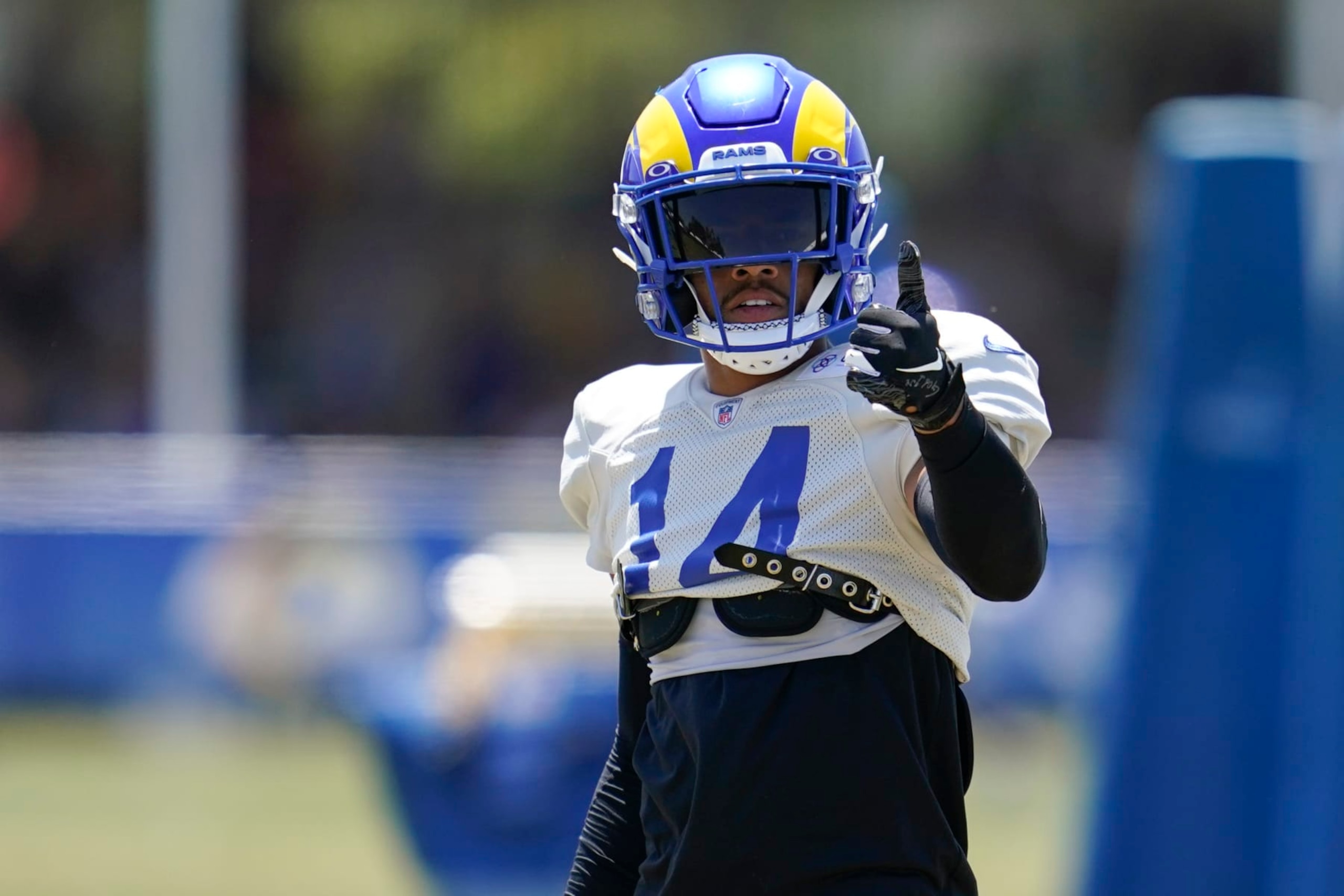 Los Angeles Rams cornerback Decobie Durant (14) participates in drills at the NFL football team's practice facility in Irvine, Calif. Monday, Aug. 8, 2022. (AP Photo/Ashley Landis)