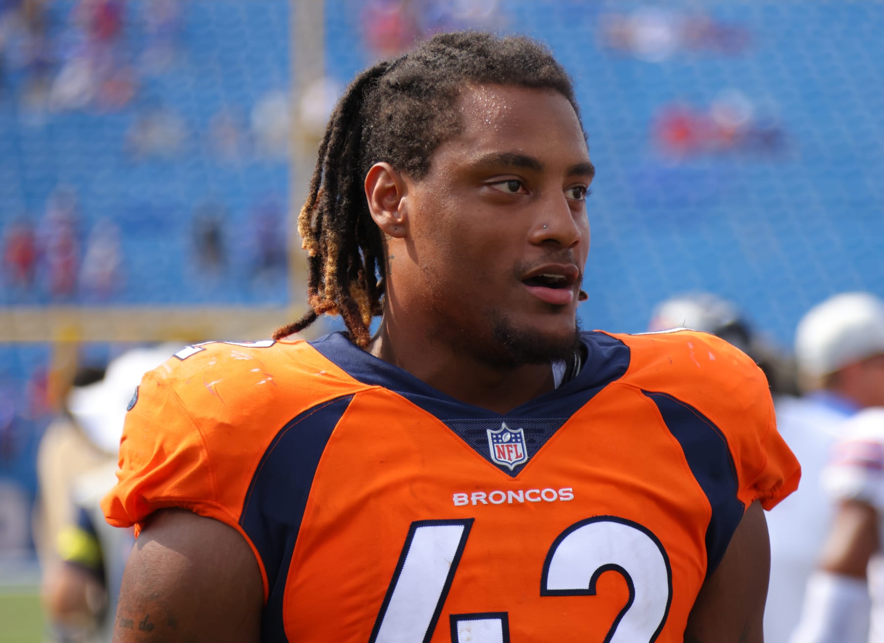 ORCHARD PARK, NY - AUGUST 20: Nik Bonitto #42 of the Denver Broncos after a preseason game against the Buffalo Bills at Highmark Stadium on August 20, 2022 in Orchard Park, New York. (Photo by Timothy T Ludwig/Getty Images)
