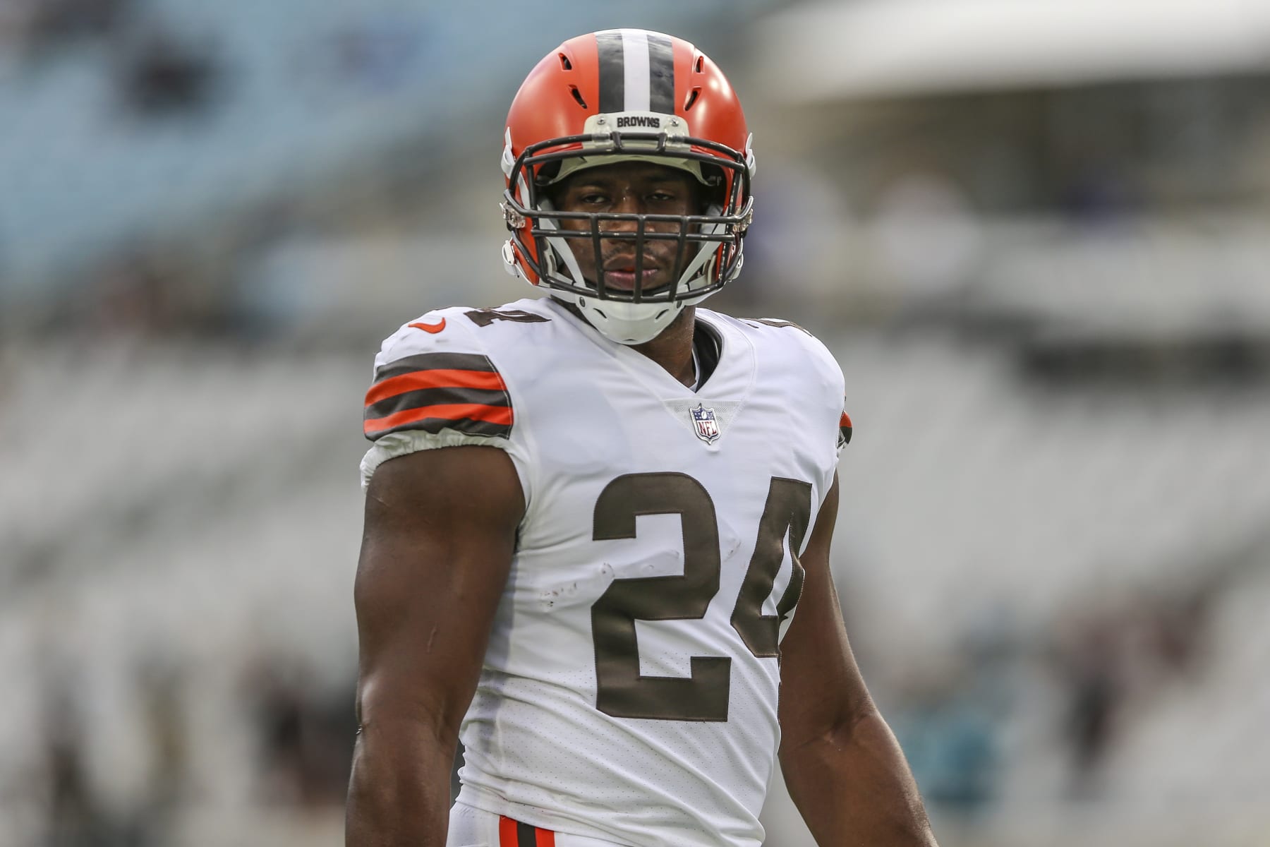Cleveland Browns running back Nick Chubb (24) during warm-ups before the first half of an NFL preseason football game against the Jacksonville Jaguars, Friday, Aug. 12, 2022, in Jacksonville, Fla. (AP Photo/Gary McCullough)