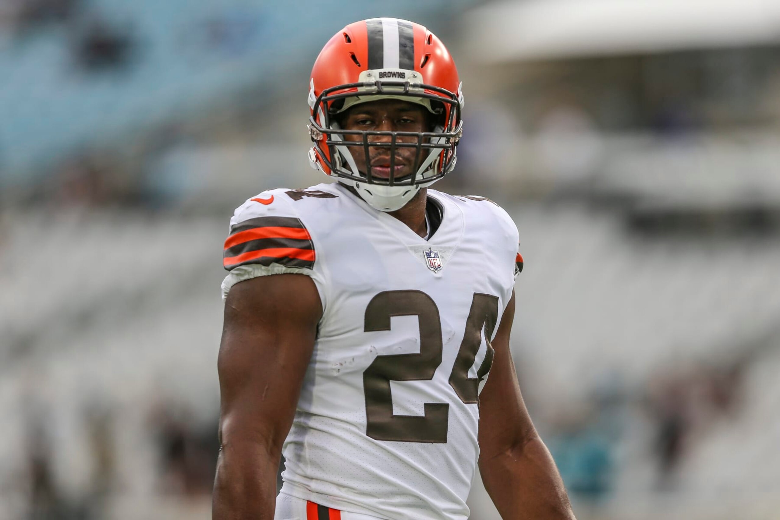 Cleveland Browns running back Nick Chubb (24) during warm-ups before the first half of an NFL preseason football game against the Jacksonville Jaguars, Friday, Aug. 12, 2022, in Jacksonville, Fla. (AP Photo/Gary McCullough)