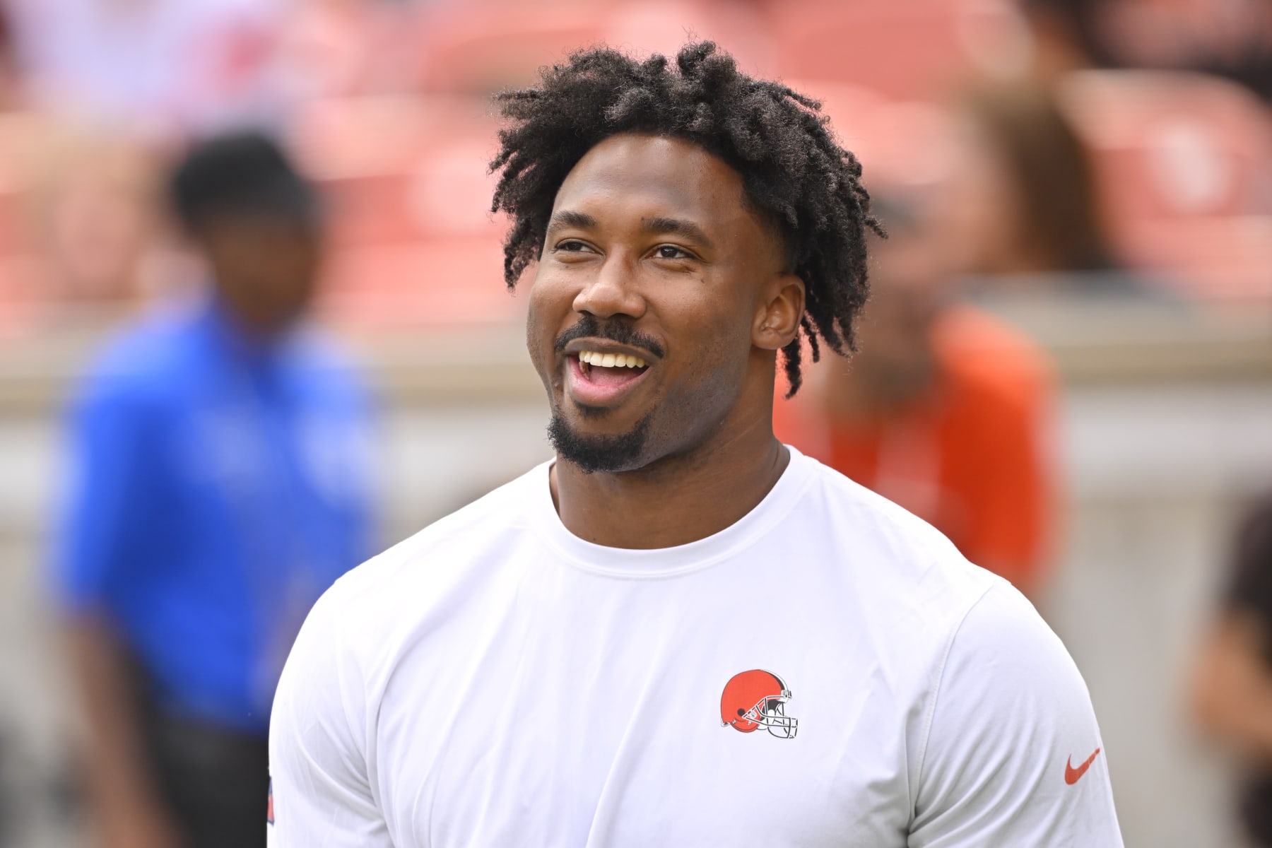 Cleveland Browns defensive end Myles Garrett walks on the field during an NFL preseason football game against the Philadelphia Eagles in Cleveland, Sunday, Aug. 21, 2022. The Eagles won 21-20. (AP Photo/David Richard)