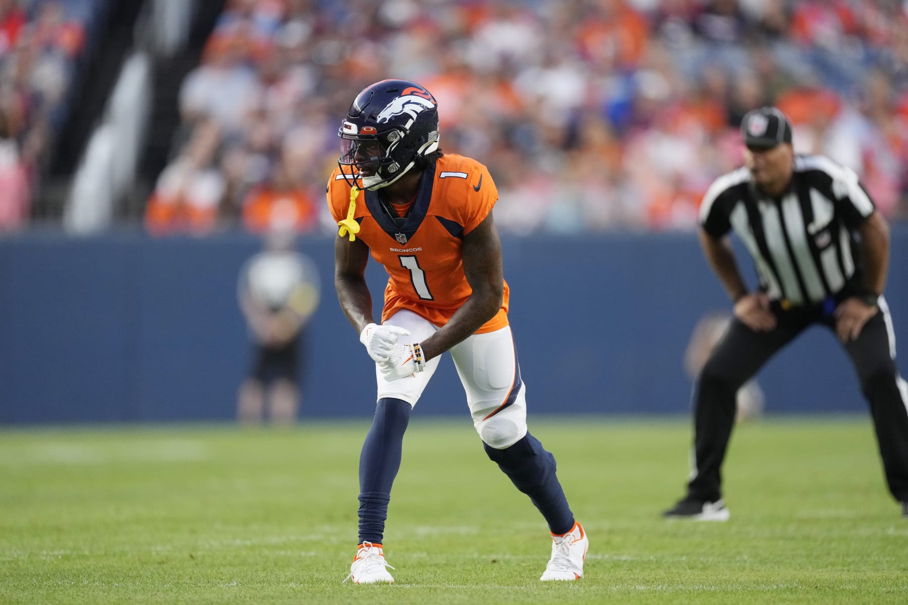 Denver Broncos wide receiver KJ Hamler (1) during an NFL preseason football game, Aug. 27, 2022, in Denver. (AP Photo/David Zalubowski)