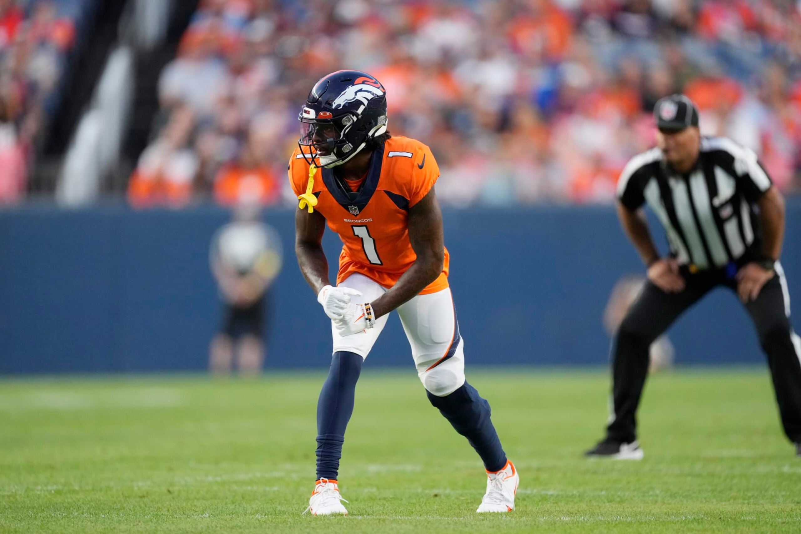 Denver Broncos wide receiver KJ Hamler (1) during an NFL preseason football game, Aug. 27, 2022, in Denver. (AP Photo/David Zalubowski)