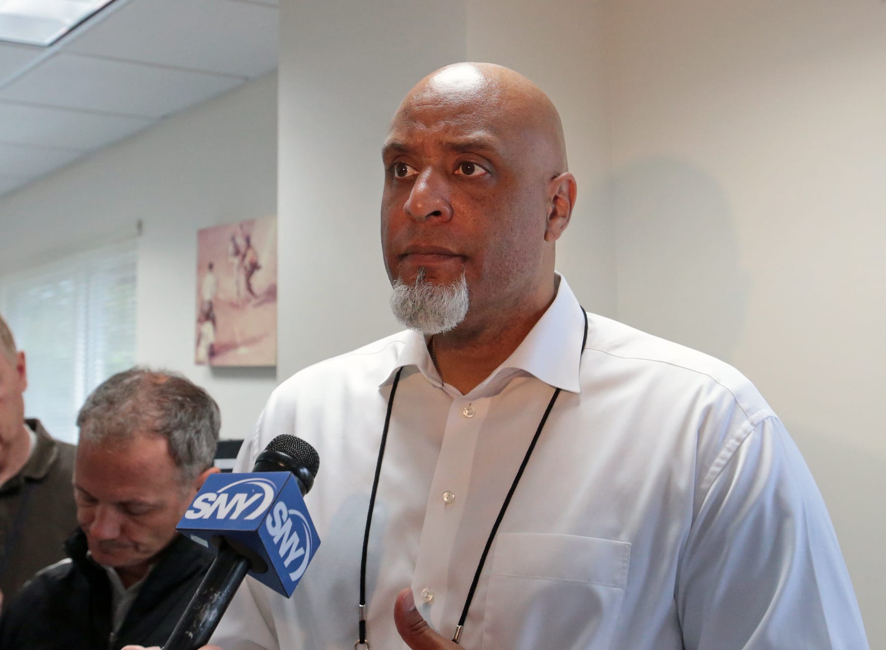 PORT ST. LUCIE, FL - MARCH 7: Tony Clark, executive director of the Major League Baseball Players Association talks to the media prior to the spring training game between the New York Mets and the New York Yankees at First Date Field on March 7, 2018 in Port St. Lucie, Florida. (Photo by Joel Auerbach/Getty Images)