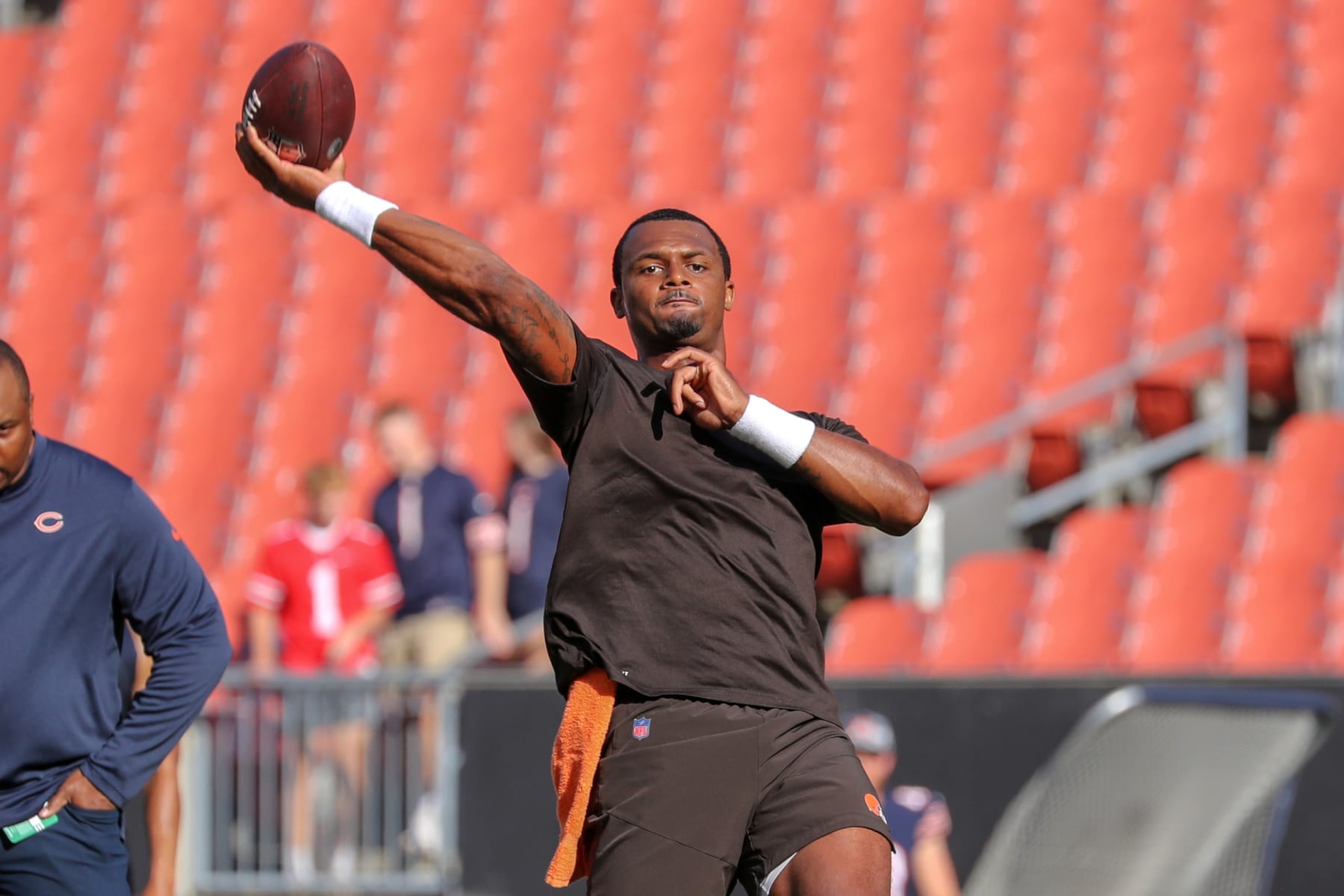 CLEVELAND, OH - AUGUST 27: Cleveland Browns quarterback Deshaun Watson (4) warms up prior to the National Football League preseason game between the Chicago Bears and Cleveland Browns on August 27, 2022, at FirstEnergy Stadium in Cleveland, OH. (Photo by Frank Jansky/Icon Sportswire via Getty Images) CLEVELAND, OH - AUGUST 27: Cleveland Browns quarterback Deshaun Watson (4) warms up prior to the National Football League preseason game between the Chicago Bears and Cleveland Browns on August 27, 2022, at FirstEnergy Stadium in Cleveland, OH. (Photo by Frank Jansky/Icon Sportswire via Getty Images)