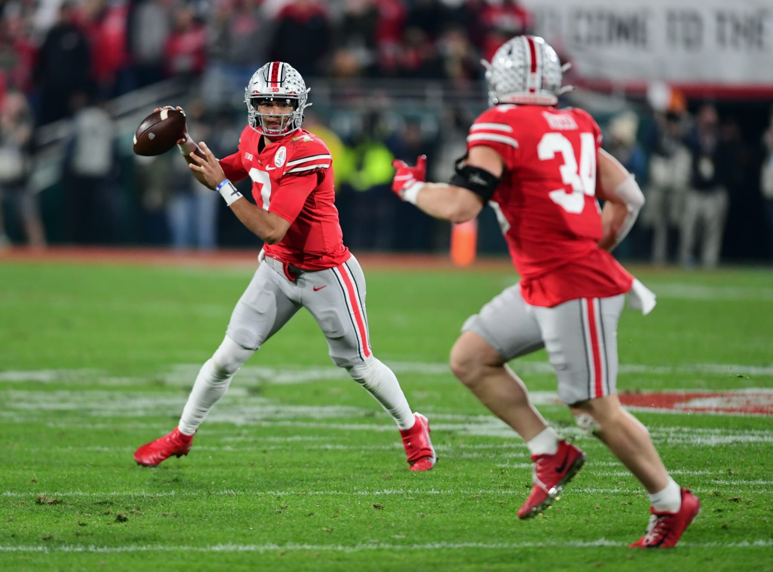 PASADENA, CA - JANUARY 01: Ohio State Buckeyes quarterback C.J. Stroud (7) throws a pass to tight end Mitch Rossi (34) during the second half of the Rose Bowl game against the Utah Utes played on January 1, 2022 at the Rose Bowl in Pasadena CA. (Photo by John Cordes/Icon Sportswire via Getty Images)