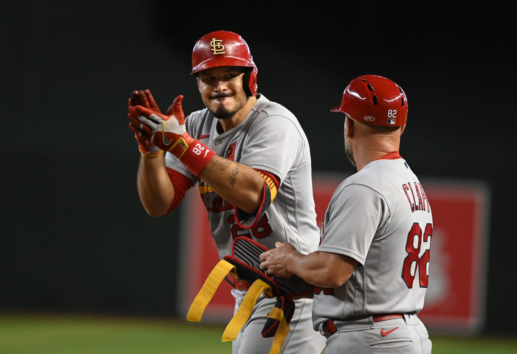 PHOENIX, ARIZONA - AUGUST 21: Nolan Arenado #28 of the St Louis Cardinals reacts after hitting a two-RBI single against the Arizona Diamondbacks during the seventh inning at Chase Field on August 21, 2022 in Phoenix, Arizona. (Photo by Norm Hall/Getty Images)