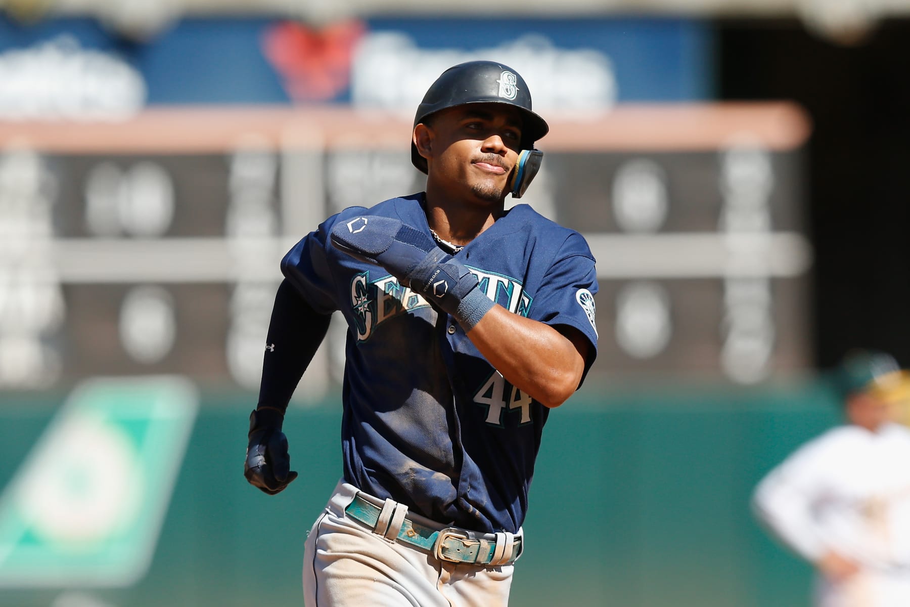 OAKLAND, CALIFORNIA - AUGUST 21: Base runner Julio Rodriguez #44 of the Seattle Mariners looks on during the game against the Oakland Athletics at RingCentral Coliseum on August 21, 2022 in Oakland, California. (Photo by Lachlan Cunningham/Getty Images)