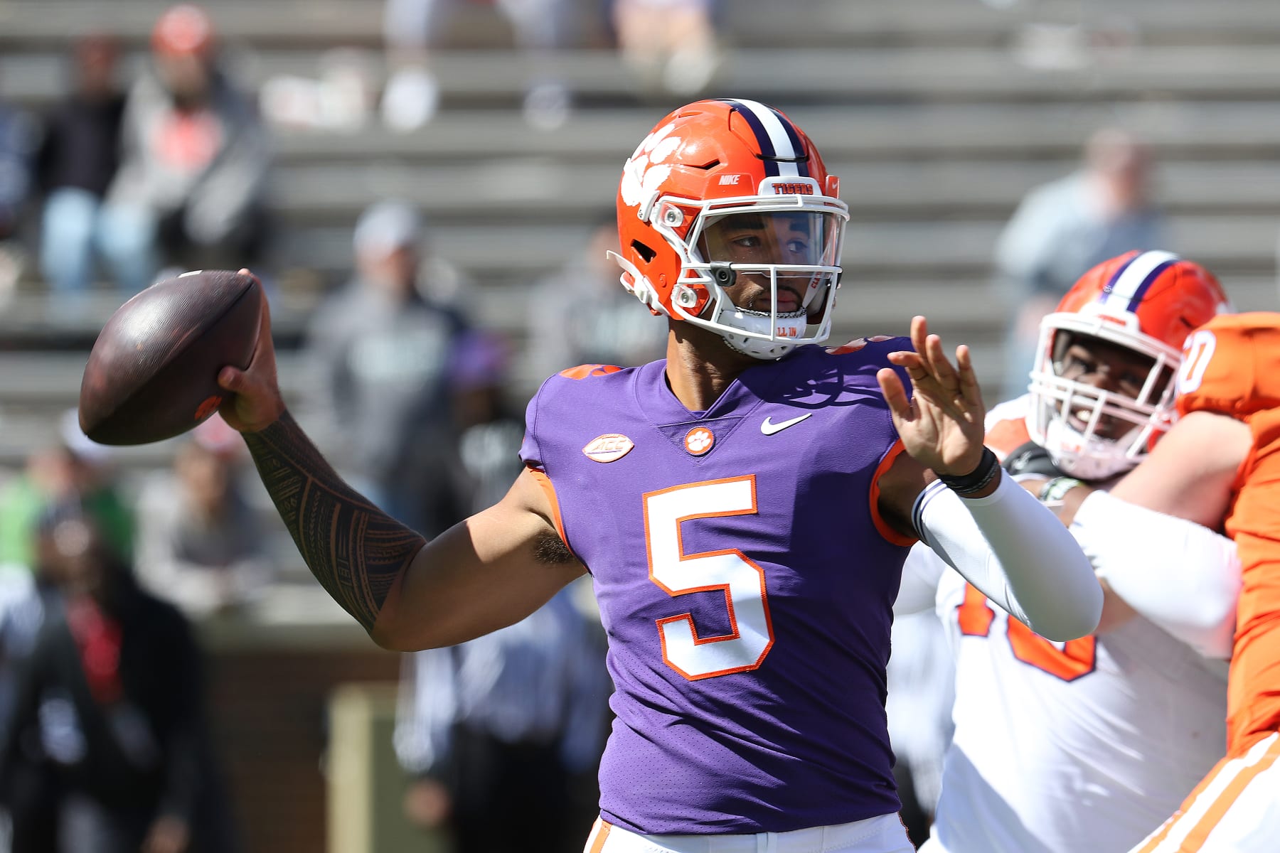 CLEMSON, SC - APRIL 09: D.J. Uiagalelei (5) quarterback of Clemson during the annual Orange and White Spring football game on April 9, 2022 at Clemson Memorial Stadium in Clemson, S.C. (Photo by John Byrum/Icon Sportswire via Getty Images)