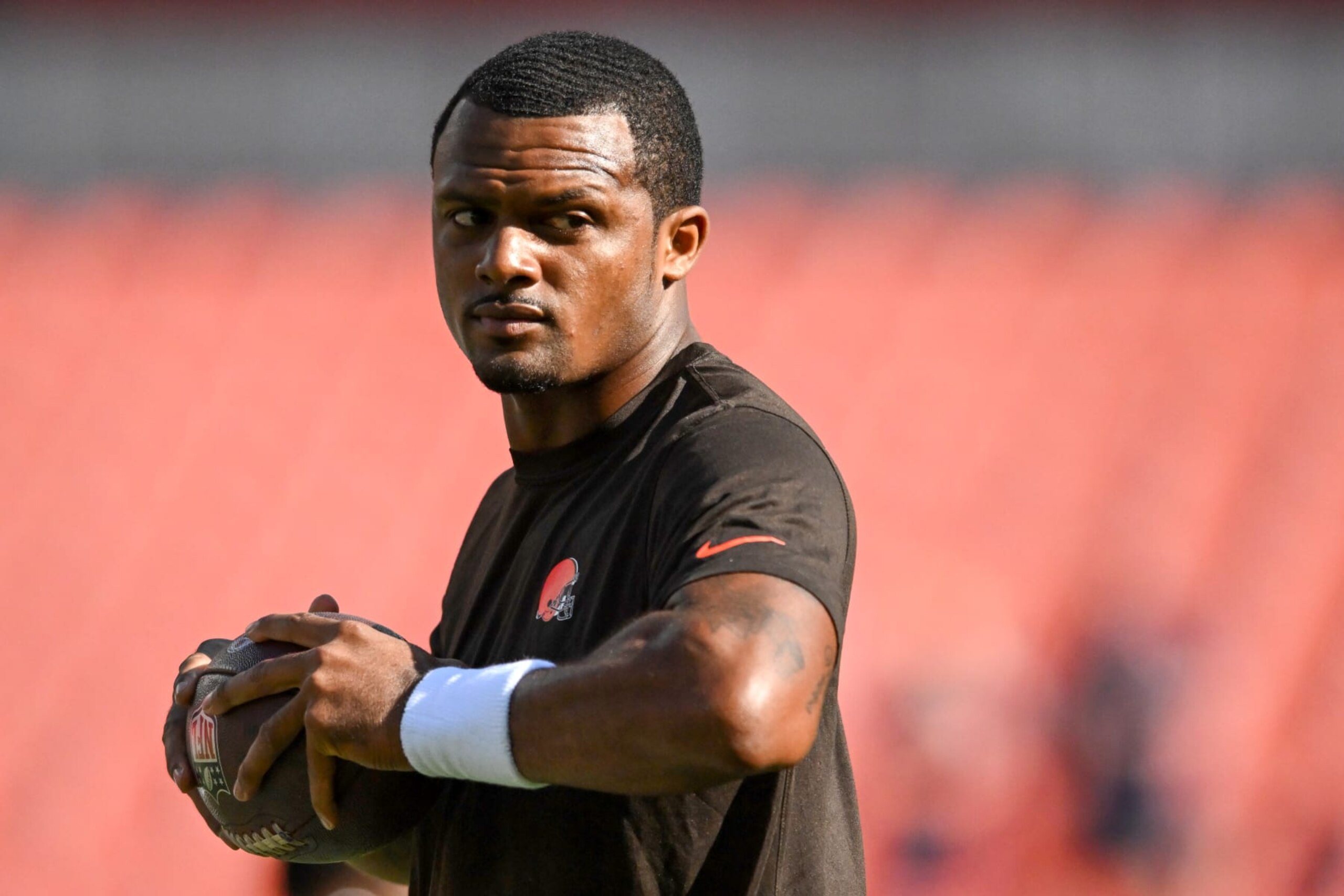 CLEVELAND, OH - AUGUST 27: Deshaun Watson #4 of the Cleveland Browns warms up prior to a preseason game against the Chicago Bears at FirstEnergy Stadium on August 27, 2022 in Cleveland, Ohio. (Photo by Nick Cammett/Getty Images)