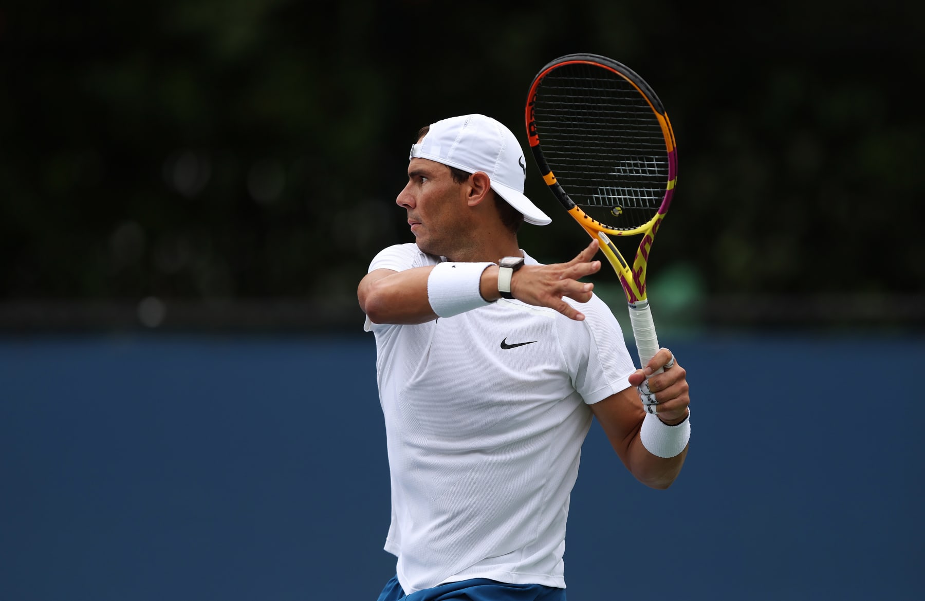 NEW YORK, NEW YORK - AUGUST 28:  Rafael Nadal of Spain in a practice session during previews for the 2022 US Open tennis at USTA Billie Jean King National Tennis Center on August 28, 2022 in the Flushing neighborhood of the Queens borough of New York City. (Photo by Julian Finney/Getty Images)