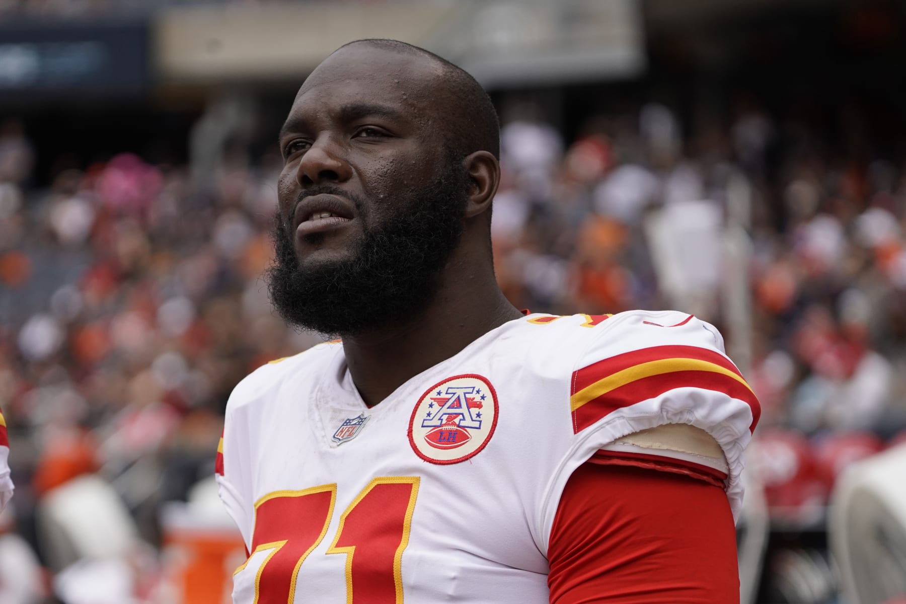 Kansas City Chiefs offensive tackle Roderick Johnson (71) during a preseason NFL football game, Saturday, Aug.13, 2022, in Chicago. (AP Photo/David Banks)