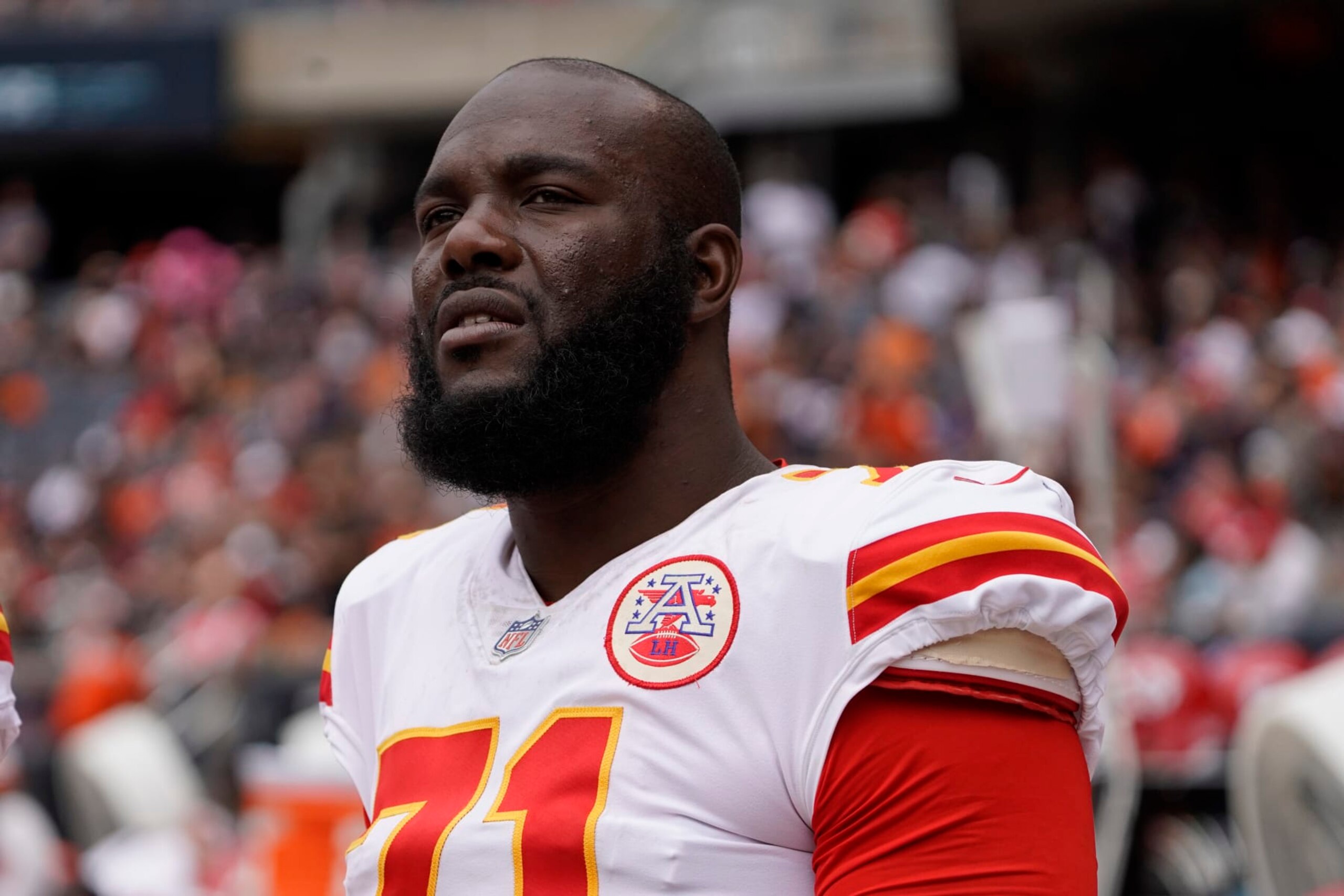 Kansas City Chiefs offensive tackle Roderick Johnson (71) during a preseason NFL football game, Saturday, Aug.13, 2022, in Chicago. (AP Photo/David Banks)