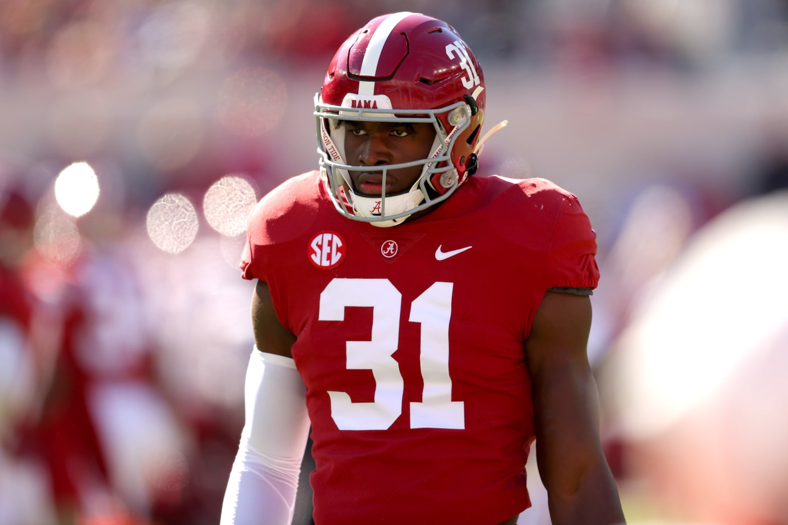 TUSCALOOSA, ALABAMA - NOVEMBER 13: Will Anderson Jr. #31 of the Alabama Crimson Tide looks on during pregame warm-ups against the New Mexico State Aggies at Bryant-Denny Stadium on November 13, 2021 in Tuscaloosa, Alabama. (Photo by Kevin C. Cox/Getty Images)