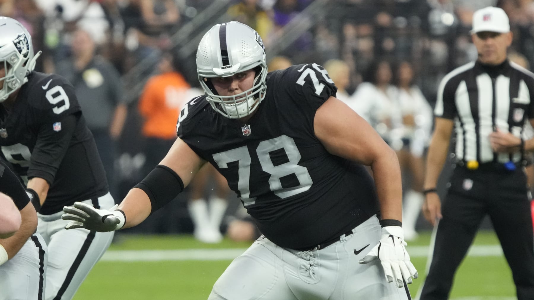 Las Vegas Raiders offensive tackle Jackson Barton (78) during the first half of an NFL preseason football game against the Minnesota Vikings,, Sunday, Aug. 14, 2022, in Las Vegas. (AP Photo/Rick Scuteri)