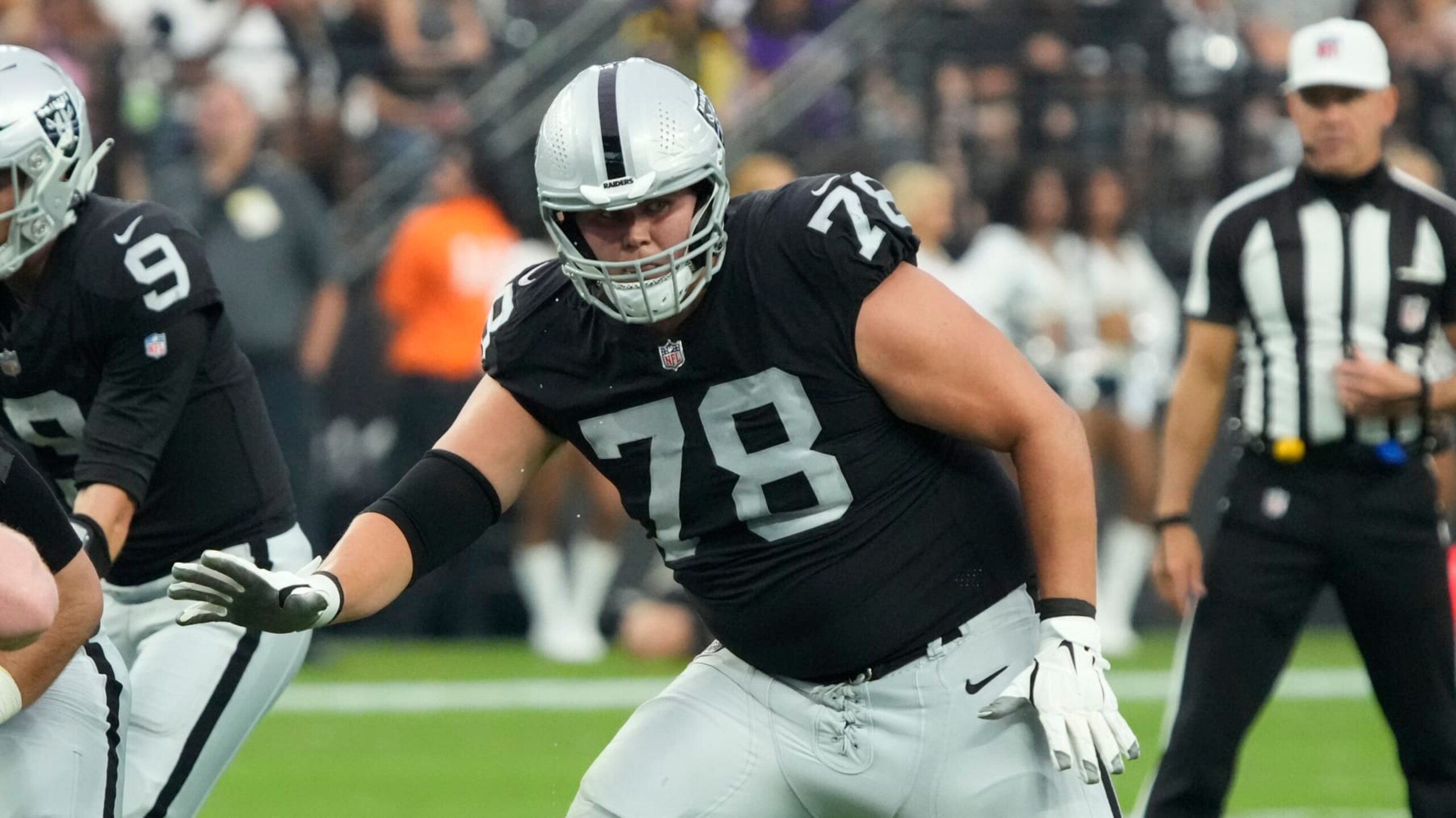 Las Vegas Raiders offensive tackle Jackson Barton (78) during the first half of an NFL preseason football game against the Minnesota Vikings,, Sunday, Aug. 14, 2022, in Las Vegas. (AP Photo/Rick Scuteri)