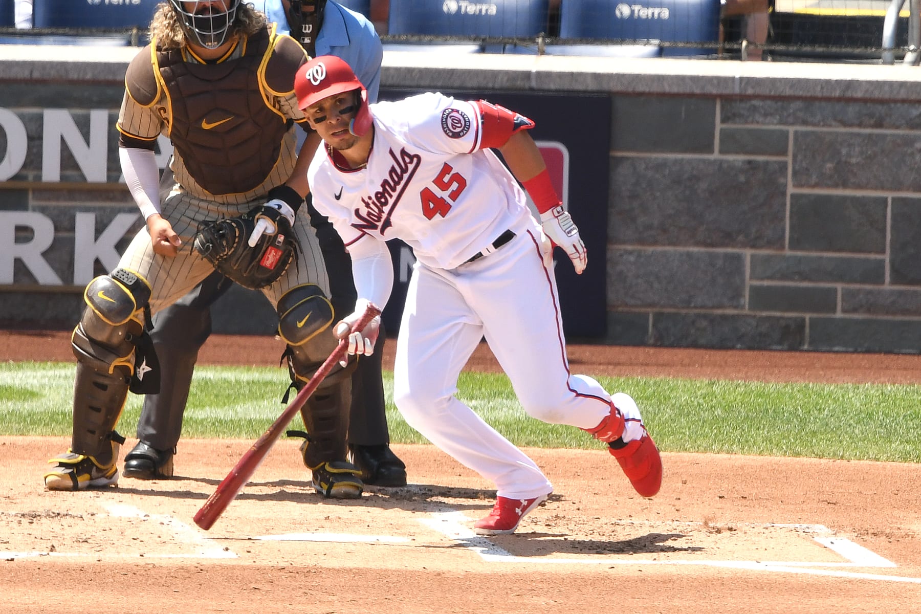 WASHINGTON, DC - AUGUST 14:  Joey Meneses #45 of the Washington Nationals takes a swing during a baseball game against the San Diego Padres at Nationals Park on August 14, 2022 in Washington, DC.  (Photo by Mitchell Layton/Getty Images)