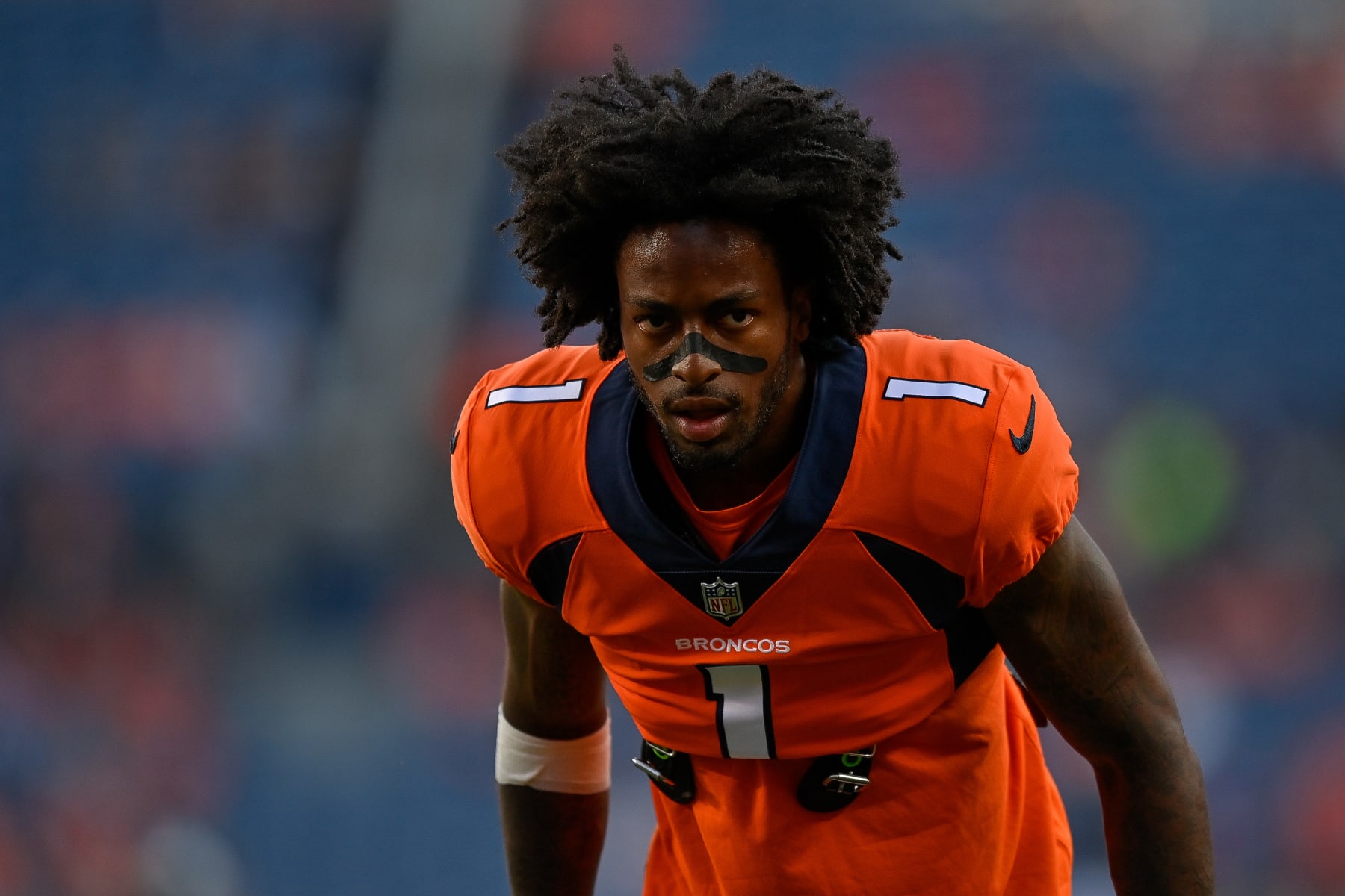 DENVER, COLORADO - AUGUST 27:  Wide receiver KJ Hamler #1 of the Denver Broncos warms up before a preseason game against the Minnesota Vikings at Empower Field at Mile High on August 27, 2022 in Denver, Colorado. (Photo by Dustin Bradford/Getty Images)