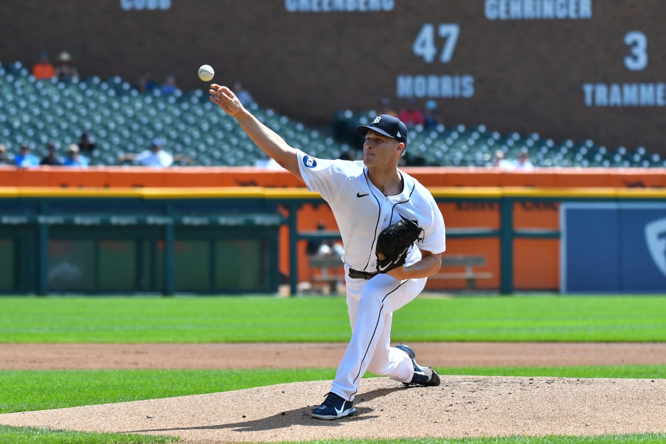 DETROIT, MI - AUGUST 24: Detroit Tigers starting pitcher Matt Manning (25) pitches in the first inning during the Detroit Tigers versus the San Francisco Giants on Wednesday August 24, 2022 at Comerica Park in Detroit, MI. (Photo by Steven King/Icon Sportswire via Getty Images)