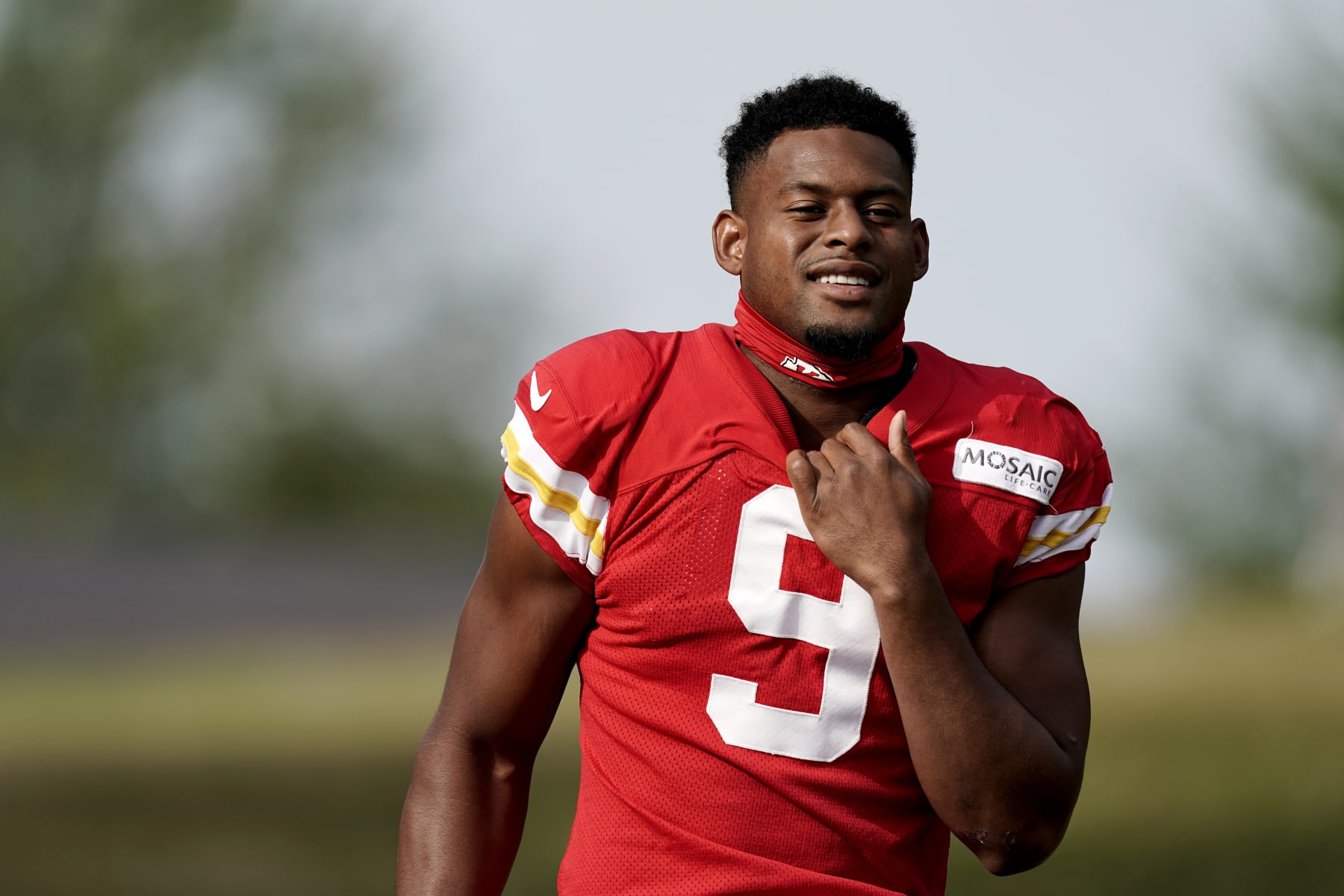 Kansas City Chiefs wide receiver JuJu Smith-Schuster arrives at NFL football training camp Monday, Aug. 15, 2022, in St. Joseph, Mo. (AP Photo/Charlie Riedel)