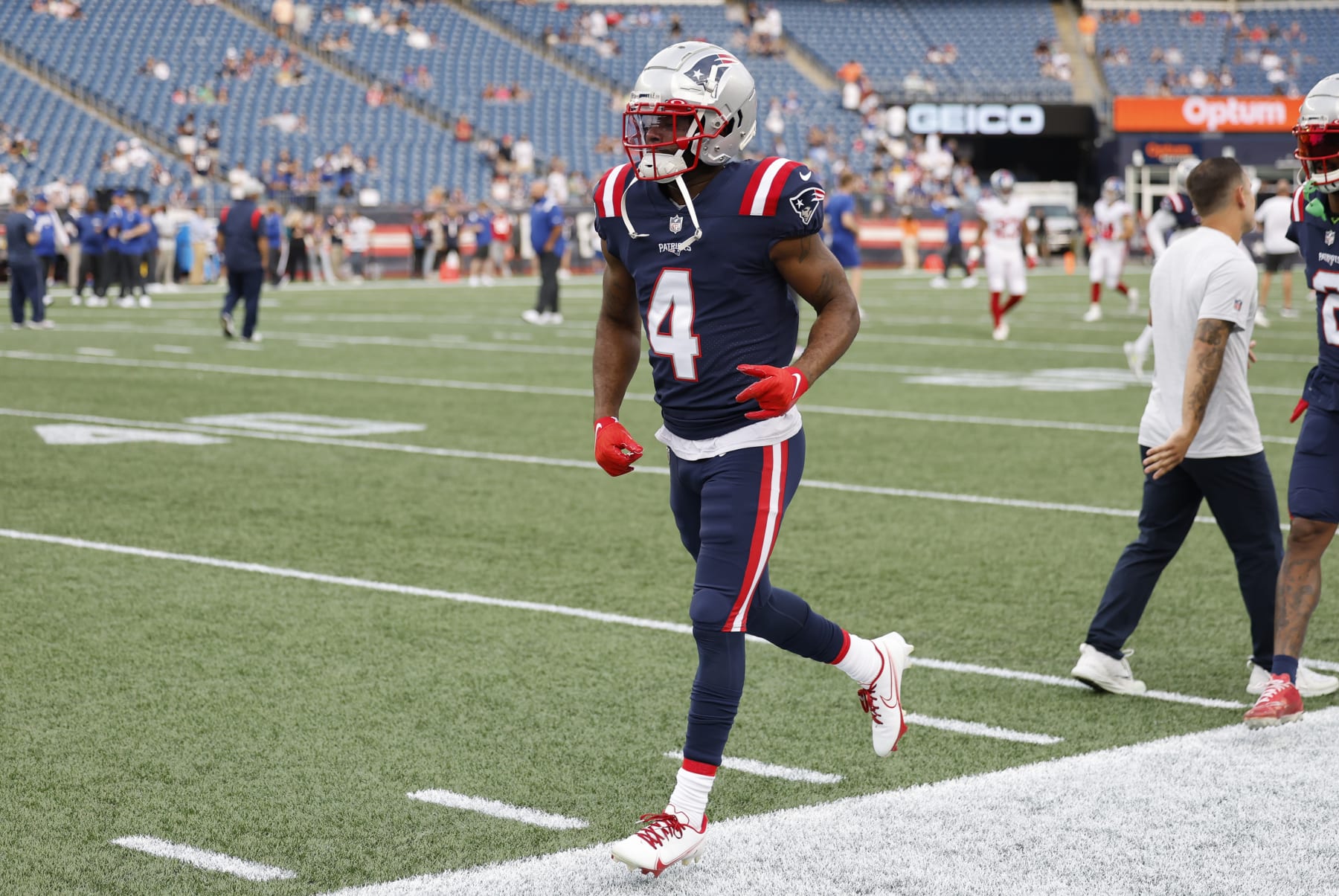 FOXBOROUGH, MA - AUGUST 11: New England Patriots cornerback Malcom Butler (4) in warm up before an NFL preseason game between the New England Patriots and the New York Giants on August 11, 2022, at Gillette Stadium in Foxborough, Massachusetts. (Photo by Fred Kfoury III/Icon Sportswire via Getty Images)