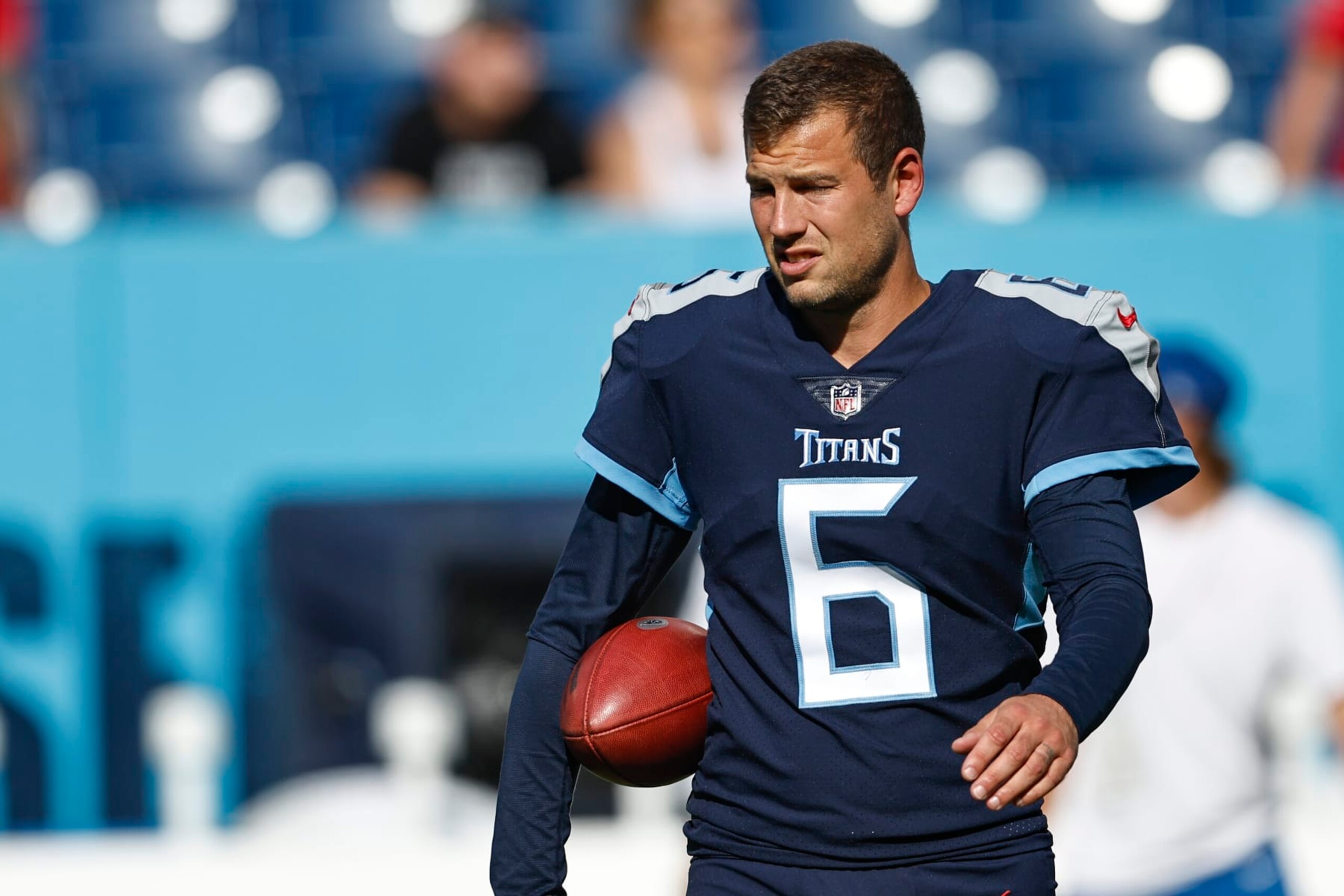 FILE - Tennessee Titans punter Brett Kern (6) is seen before their game against the Tampa Bay Buccaneers, Saturday, Aug. 20, 2022, in Nashville, Tenn. Three-time Pro Bowl punter Kern is Tennessee’s longest-tenured player and needs just four punts to become only the 25th NFL player with 1,000 career punts. Kern may wind up losing his job to an undrafted rookie from Colorado State with one of the strongest legs the veteran has ever seen. (AP Photo/Wade Payne, File)